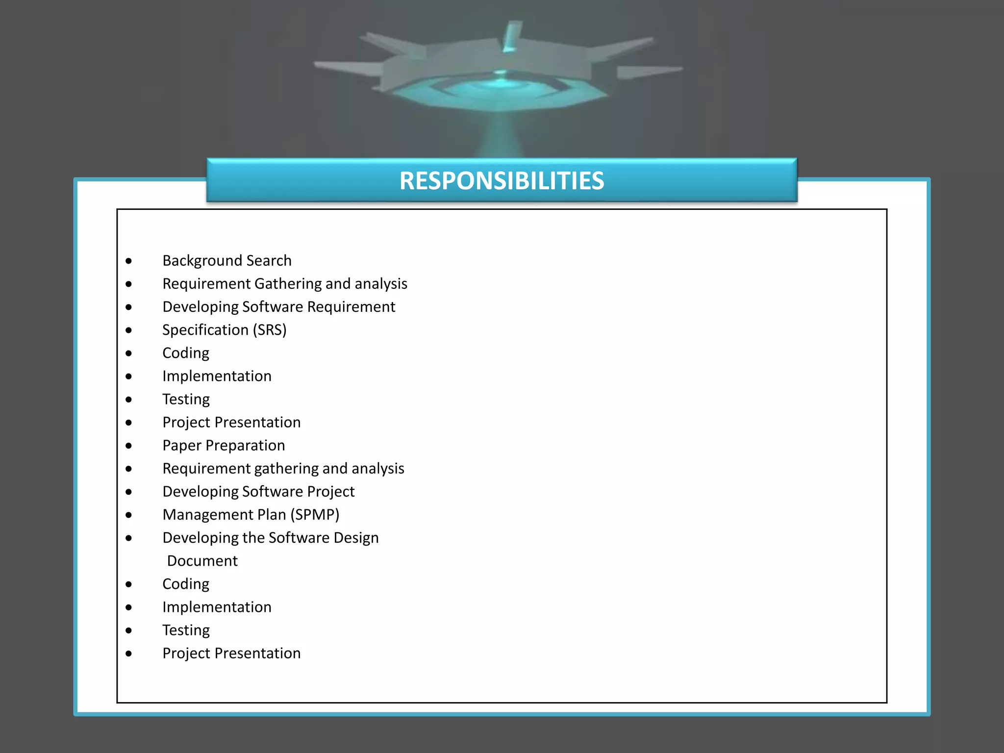 RESPONSIBILITIES
 Background Search
 Requirement Gathering and analysis
 Developing Software Requirement
 Specification (SRS)
 Coding
 Implementation
 Testing
 Project Presentation
 Paper Preparation
 Requirement gathering and analysis
 Developing Software Project
 Management Plan (SPMP)
 Developing the Software Design
Document
 Coding
 Implementation
 Testing
 Project Presentation
 