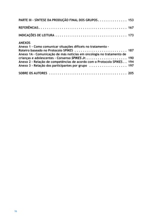 PArTE III – SÍNTESE DA PrODUÇÃO FINAL DOS GrUPOS  .  .  .  .  .  .  .  .  .  .  .  .  .  . 153

     rEFErÊNCIAS  .  .  .  .  .  .  .  .  .  .  .  .  .  .  .  .  .  .  .  .  .  .  .  .  .  .  .  .  .  .  .  .  .  .  .  .  .  .  .  .  .  . 167

     INDICAÇõES DE LEITUrA  .  .  .  .  .  .  .  .  .  .  .  .  .  .  .  .  .  .  .  .  .  .  .  .  .  .  .  .  .  .  .  .  .  . 173

     ANEXOS
     Anexo 1 – Como comunicar situações difíceis no tratamento –
     Roteiro baseado no Protocolo SPIKES  .  .  .  .  .  .  .  .  .  .  .  .  .  .  .  .  .  .  .  .  .  .  .  .  .                        187
     Anexo 1A – Comunicação de más notícias em oncologia no tratamento de
     crianças e adolescentes - Consenso SpikeS Jr .  .  .  .  .  .  .  .  .  .  .  .  .  .  .  .  .  .  .  .                               190
     Anexo 2 – Relação de competências de acordo com o Protocolo SPIKES  .  .                                                              194
     Anexo 3 - Relação dos participantes por grupo  .  .  .  .  .  .  .  .  .  .  .  .  .  .  .  .  .  .                                   197

     SOBrE OS AUTOrES  .  .  .  .  .  .  .  .  .  .  .  .  .  .  .  .  .  .  .  .  .  .  .  .  .  .  .  .  .  .  .  .  .  .  .  .  . 205




16
 
