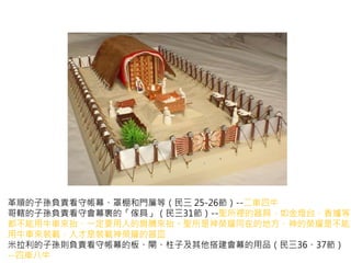 革順的子孫負責看守帳幕、罩棚和門簾等（民三25-26節）--二車四牛 
哥轄的子孫負責看守會幕裏的「傢具」（民三31節）--聖所裡的器具，如金燈台、香爐等 
都不能用牛車來抬，一定要用人的肩膊來抬。聖所是神榮耀同在的地方，神的榮耀是不能 
用牛車來裝載，人才是裝載神榮耀的器皿 
米拉利的子孫則負責看守帳幕的板、閘、柱子及其他搭建會幕的用品（民三36、37節） 
--四車八牛 
 