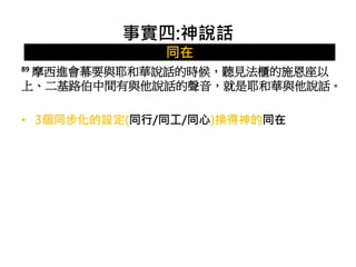 事實四:神說話 
同在 
89 摩西進會幕要與耶和華說話的時候，聽見法櫃的施恩座以 
上、二基路伯中間有與他說話的聲音，就是耶和華與他說話。 
• 3個同步化的設定(同行/同工/同心)換得神的同在 
 
