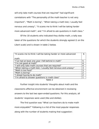 Dislike of Math
will only take math courses that are required” had significant
correlations with “The personality of the math teacher is not very
important”, “Math is boring”, “When taking a math test, I usually feel
nervous and uneasy”, “It scares me to think I will be taking harder
more advanced math”, and “I’m afraid to ask questions in math class.”
Of the 18 students who indicated they dislike math, a tally was
taken of the questions for which the students strongly agreed (1 on the
Likert scale) and is shown in table 2 below.
“It scares me to think I will be taking harder or more advanced
math
6
“I’ve had at least one year I fell behind in math” 5
“I’m not good at math” 4
“I will only take math courses that are required” 4
“When taking a math test, I usually feel nervous and uneasy” 3
“Math is too hard” 3
“Math is boring” 2
“I dread having to do math” 2
“I’m afraid to answer questions in math class” 1
Table 2
Further insight into students’ thoughts about math and the
classrooms affective environment can be obtained in reviewing
answers to the last two open-ended questions. For this analysis, all
students’ responses were used (like and dislike).
The first question was “What can teachers do to make math
more enjoyable?” Following is a list of the most popular responses
along with the number of students making that suggestion:
27
 