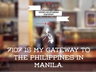 Desired relationship
statement
7107 is my gateway to
the Philippines in
Manila.
 