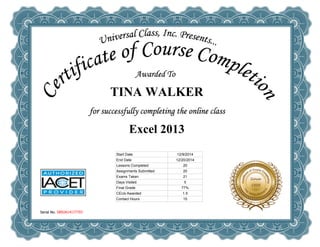  
TINA WALKER
 
Excel 2013
Serial No. 5B92A14177707
Start Date 12/9/2014
End Date 12/20/2014
Lessons Completed 20
Assignments Submitted 20
Exams Taken 21
Days Visited 5
Final Grade 77%
CEUs Awarded 1.5
Contact Hours 15
 
 