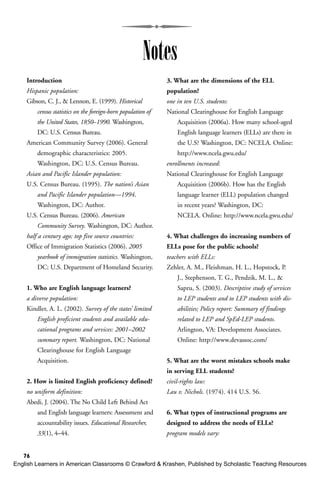76
Introduction
Hispanic population:
Gibson, C. J., & Lennon, E. (1999). Historical
census statistics on the foreign-born population of
the United States, 1850–1990. Washington,
DC: U.S. Census Bureau.
American Community Survey (2006). General
demographic characteristics: 2005.
Washington, DC: U.S. Census Bureau.
Asian and Pacific Islander population:
U.S. Census Bureau. (1995). The nation’s Asian
and Pacific Islander population—1994.
Washington, DC: Author.
U.S. Census Bureau. (2006). American
Community Survey. Washington, DC: Author.
half a century ago; top five source countries:
Office of Immigration Statistics (2006). 2005
yearbook of immigration statistics. Washington,
DC: U.S. Department of Homeland Security.
1. Who are English language learners?
a diverse population:
Kindler, A. L. (2002). Survey of the states’ limited
English proficient students and available edu-
cational programs and services: 2001–2002
summary report. Washington, DC: National
Clearinghouse for English Language
Acquisition.
2. How is limited English proficiency defined?
no uniform definition:
Abedi, J. (2004). The No Child Left Behind Act
and English language learners: Assessment and
accountability issues. Educational Researcher,
33(1), 4–44.
3. What are the dimensions of the ELL
population?
one in ten U.S. students:
National Clearinghouse for English Language
Acquisition (2006a). How many school-aged
English language learners (ELLs) are there in
the U.S? Washington, DC: NCELA. Online:
http://www.ncela.gwu.edu/
enrollments increased:
National Clearinghouse for English Language
Acquisition (2006b). How has the English
language learner (ELL) population changed
in recent years? Washington, DC:
NCELA. Online: http://www.ncela.gwu.edu/
4. What challenges do increasing numbers of
ELLs pose for the public schools?
teachers with ELLs:
Zehler, A. M., Fleishman, H. L., Hopstock, P.
J., Stephenson, T. G., Pendzik, M. L., &
Sapru, S. (2003). Descriptive study of services
to LEP students and to LEP students with dis-
abilities; Policy report: Summary of findings
related to LEP and SpEd-LEP students.
Arlington, VA: Development Associates.
Online: http://www.devassoc.com/
5. What are the worst mistakes schools make
in serving ELL students?
civil-rights law:
Lau v. Nichols. (1974). 414 U.S. 56.
6. What types of instructional programs are
designed to address the needs of ELLs?
program models vary:
Notes
English Learners in American Classrooms © Crawford & Krashen, Published by Scholastic Teaching Resources
 