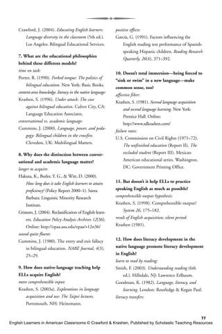 77
Crawford, J. (2004). Educating English learners:
Language diversity in the classroom (5th ed.).
Los Angeles: Bilingual Educational Services.
7. What are the educational philosophies
behind these different models?
time on task:
Porter, R. (1990). Forked tongue: The politics of
bilingual education. New York: Basic Books.
content-area knowledge, literacy in the native language:
Krashen, S. (1996). Under attack: The case
against bilingual education. Culver City, CA:
Language Education Associates.
conversational vs. academic language:
Cummins, J. (2000). Language, power, and peda-
gogy: Bilingual children in the crossfire.
Clevedon, UK: Multilingual Matters.
8. Why does the distinction between conver-
sational and academic language matter?
longer to acquire:
Hakuta, K., Butler, Y. G., & Witt, D. (2000).
How long does it take English learners to attain
proficiency? (Policy Report 2000–1). Santa
Barbara: Linguistic Minority Research
Institute.
Grissom, J. (2004). Reclassification of English learn-
ers. Education Policy Analysis Archives 12(36).
Online: http://epaa.asu.edu/epaa/v12n36/
sound quite fluent:
Cummins, J. (1980). The entry and exit fallacy
in bilingual education. NABE Journal, 4(3),
25–29.
9. How does native-language teaching help
ELLs acquire English?
more comprehensible input:
Krashen, S. (2003a). Explorations in language
acquisition and use: The Taipei lectures.
Portsmouth, NH: Heinemann.
positive effects:
García, G. (1991). Factors influencing the
English reading test performance of Spanish-
speaking Hispanic children. Reading Research
Quarterly, 26(4), 371–392.
10. Doesn’t total immersion—being forced to
“sink or swim” in a new language—make
common sense, too?
affective filter:
Krashen, S. (1981). Second language acquisition
and second language learning. New York:
Prentice Hall. Online:
http://www.sdkrashen.com/
failure rates:
U.S. Commission on Civil Rights (1971–72).
The unfinished education (Report II), The
excluded student (Report III). Mexican
American educational series. Washington,
DC: Government Printing Office.
11. But doesn’t it help ELLs to practice
speaking English as much as possible?
comprehensible output hypothesis:
Krashen, S. (1998). Comprehensible output?
System 26, 175–182.
result of English acquisition; silent period:
Krashen (1981).
12. How does literacy development in the
native language promote literacy development
in English?
learn to read by reading:
Smith, F. (2003). Understanding reading (6th
ed.). Hillsdale, NJ: Lawrence Erlbaum.
Goodman, K. (1982). Language, literacy, and
learning. London: Routledge & Kegan Paul.
literacy transfers:
English Learners in American Classrooms © Crawford & Krashen, Published by Scholastic Teaching Resources
 