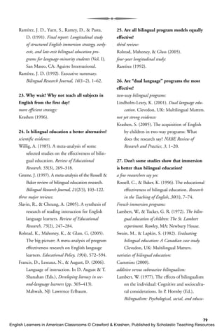 79
Ramírez, J. D., Yuen, S., Ramey, D., & Pasta,
D. (1991). Final report: Longitudinal study
of structured English immersion strategy, early-
exit, and late-exit bilingual education pro-
grams for language-minority students (Vol. I).
San Mateo, CA: Aguirre International.
Ramírez, J. D. (1992). Executive summary.
Bilingual Research Journal, 16(1–2), 1–62.
23. Why wait? Why not teach all subjects in
English from the first day?
more efficient strategy:
Krashen (1996).
24. Is bilingual education a better alternative?
scientific evidence:
Willig, A. (1985). A meta-analysis of some
selected studies on the effectiveness of bilin-
gual education. Review of Educational
Research, 55(3), 269–318.
Greene, J. (1997). A meta-analysis of the Rossell &
Baker review of bilingual education research.
Bilingual Research Journal, 21(2/3), 103–122.
three major reviews:
Slavin, R., & Cheung, A. (2005). A synthesis of
research of reading instruction for English
language learners. Review of Educational
Research, 75(2), 247–284.
Rolstad, K., Mahoney, K., & Glass, G. (2005).
The big picture: A meta-analysis of program
effectiveness research on English language
learners. Educational Policy, 19(4), 572–594.
Francis, D., Leseaux, N., & August, D. (2006).
Language of instruction. In D. August & T.
Shanahan (Eds.), Developing literacy in sec-
ond-language learners (pp. 365–413).
Mahwah, NJ: Lawrence Erlbaum.
25. Are all bilingual program models equally
effective?
third review:
Rolstad, Mahoney, & Glass (2005).
four-year longitudinal study:
Ramírez (1992).
26. Are “dual language” programs the most
effective?
two-way bilingual programs:
Lindholm-Leary, K. (2001). Dual language edu-
cation. Clevedon, UK: Multilingual Matters.
not yet strong evidence:
Krashen, S. (2005). The acquisition of English
by children in two-way programs: What
does the research say? NABE Review of
Research and Practice, 3, 1–20.
27. Don’t some studies show that immersion
is better than bilingual education?
a few researchers say yes:
Rossell, C., & Baker, K. (1996). The educational
effectiveness of bilingual education. Research
in the Teaching of English, 30(1), 7–74.
French immersion programs:
Lambert, W., & Tucker, G. R. (1972). The bilin-
gual education of children: The St. Lambert
experiment. Rowley, MA: Newbury House.
Swain, M., & Lapkin, S. (1982). Evaluating
bilingual education: A Canadian case study.
Clevedon, UK: Multilingual Matters.
varieties of bilingual education:
Cummins (2000).
additive versus subtractive bilingualism:
Lambert, W. (1977). The effects of bilingualism
on the individual: Cognitive and sociocultu-
ral considerations. In P. Hornby (Ed.),
Bilingualism: Psychological, social, and educa-
English Learners in American Classrooms © Crawford & Krashen, Published by Scholastic Teaching Resources
 