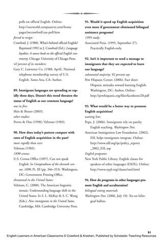 91
polls on official English. Online:
http://ourworld.compuserve.com/home
pages/jwcrawford/can-poll.htm
forced to resign:
Crawford, J. (1988). What’s behind official English?
Reprinted 1992 in J. Crawford (Ed.), Language
loyalties: A source book on the official English con-
troversy. Chicago: University of Chicago Press.
42 percent of its members:
Gary C. Lawrence Co. (1988, April). National
telephone membership survey of U.S.
English. Santa Ana, CA: Author.
89. Immigrant languages are spreading so rap-
idly these days. Doesn’t this trend threaten the
status of English as our common language?
one in five:
Shin & Bruno (2003).
other studies:
Portes & Hao (1998); Veltman (1983).
90. How does today’s pattern compare with
rates of English acquisition in the past?
more rapidly than ever:
Veltman (1983).
1890 census:
U.S. Census Office (1897). Can not speak
English. In Compendium of the eleventh cen-
sus: 1890, Pt. III (pp. 346–353). Washington,
DC: Government Printing Office.
threatened in the United States:
Veltman, C. (2000). The American linguistic
mosaic: Understanding language shift in the
United States. In S. L. McKay & S. C. Wong
(Eds.), New immigrants in the United States.
Cambridge, MA: Cambridge University Press.
91. Would it speed up English acquisition
even more if government eliminated bilingual
assistance programs?
1995 study:
Associated Press. (1995, September 27).
Practically English-only.
92. Isn’t it important to send a message to
immigrants that they are expected to learn
our language?
substantial majority; 92 percent say:
Pew Hispanic Center. (2006). Fact sheet:
Hispanic attitudes toward learning English.
Washington, DC: Author. Online:
http://pewhispanic.org/files/factsheets/20.pdf
93. What would be a better way to promote
English acquisition?
waiting lists:
Pope, J. (2006). Immigrants rely on patchy
English teaching. Washington Post.
American Immigration Law Foundation. (2002).
ESL helps immigrants integrate. Online:
http://www.ailf.org/ipc/policy_reports
_2002_ESL.asp
English programs:
New York Public Library. English classes for
speakers of other languages (ESOL). Online:
http://www.nypl.org/classes/esol.html
94. How do programs in other languages pro-
mote English and acculturation?
bilingual voting materials:
Washington Post. (2006, July 10). Yes on bilin-
gual ballots.
English Learners in American Classrooms © Crawford & Krashen, Published by Scholastic Teaching Resources
 