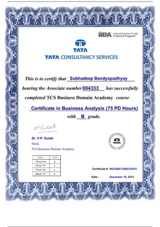 Certificate #:
This is to certify that ____________________________Subhadeep Bandyopadhyay
694333bearing the Associate number _________ has successfully
completed TCS Business Domain Academy course
Certificate in Business Analysis (75 PD Hours)_____________________________________________
with ____ grade.B
NGCIBA/139923/2015
Date : December 16, 2015
Dr. V.P. Gulati
Head,
TCS Business Domain Academy
Powered by TCPDF (www.tcpdf.org)
 