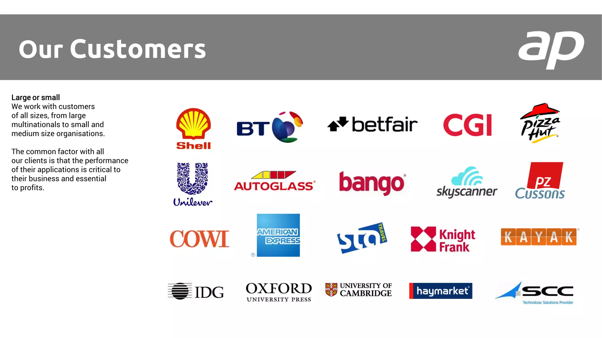 Some of our Customers
Our Customers
Large or small
We work with customers
of all sizes, from large
multinationals to small and
medium size organisations.
The common factor with all
our clients is that the performance
of their applications is critical to
their business and essential
to profits.
 