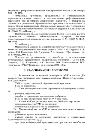 181
Федерации», утвержденная приказом Минобразования России от 18 декабря
2002 г. № 4452.
• «Временные требования, предъявляемые к образовательным
учреждениям среднего, высшего и дополнительного профессионального
образования при проведении лицензионной экспертизы и проверки их
готовности к реализации образовательных программ с использованием в
полном объеме дистанционных образовательных технологий», утвержденные
заместителем министраобразования Российской Федерации А.В. Пыжиковым
04.12.2003, Устав Института.
• Инструктивное письмо Минобразования России «Методика расчета
трудоемкости основных образовательных программ высшего
профессионального образования в зачетных единицах» от 28.11.2002, № 14-52-
988 ин/13.
• Устав Института.
• Методические указания по оформлению рабочих учебных программ в
Уфимском государственном институте сервиса/ Сост.: P.M. Сафуанов, Ш.З.
Валиев, С.Д. Галиуллина, В.Р. Хусаинова, А.С. Беляева. - Уфа: Уфимск. гос.
ин-т сервиса, 2004.-17 с.
• Методические рекомендации по разработке и использованию
аттестационных педагогических измерительных материалов / Сост.: P.M.
Сафуанов, С.Д. Галиуллина, А.С. Беляева, О.В. Мамателашвили, Н.У.
Ибрагимова. - Уфа: Уфимск. гос. ин-т сервиса, 2004. - 18 с.
•
2. КЛАССИФИКАЦИЯ И СОСТАВ УМК
2.1. В зависимости от функций, реализуемых УМК в системе ДО
Уфимского государственногоинститута сервиса(далее - Институт), различают
УМК двух уровней:
• УМК по профессиональной образовательной программе;
• УМК по дисциплине.
2.2. УМК по профессиональной образовательной программе состоит
из:
• рабочего учебного плана;
• пособия по организации дистанционного обучения;
• УМК по всем дисциплинам рабочего учебного плана.
2.3. Состав УМК по дисциплине в системе ДО бывает двух видов:
• минимальный состав УМК по дисциплине;
• дополнительный состав УМК по дисциплине.
2.4. Минимальный состав УМК по дисциплине содержит следующие
компоненты:
• рабочая программа дисциплины;
• учебное пособие по дисциплине (методически и дидактически
подготовленное для системы ДО);
• практикум (лабораторный практикум) или практическое пособие по
Copyright ОАО «ЦКБ «БИБКОМ» & ООО «Aгентство Kнига-Cервис»
 