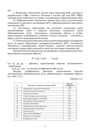 85
др.).
9. Финансовое обеспечение (оплата труда преподавателей, тьюторов и
разработчиков УМК; стоимость обучения в системе ДО (для НОУ ВПО);
экономическая стабильность в стране; государственное финансирование ДО).
10. Информационное обеспечение (имидж вуза; спрос на реализуемые
специальности; реклама и продвижениеДОУ; информированность населения о
технологиях ДО).
11. Доступность образования для различных социальных групп
(удовлетворение нужд и запросов различных социальных групп
образовательных услуг; возможность совмещения работы и учебы;
предоставление оплачиваемого учебного отпуска студентам – заочникам в
период зачетно-экзаменационной сессии).
12. Рыночная среда(появление новых рынков образования; конкуренция
вузов на рынке образования; конкурентоспособность ДОУ; способность
обучаемого к приобретению знаний (возраст, здоровье, психологическое
состояние); опросы работодателей по качеству подготовки специалистов).
Функция обеспечения качества дистанционного образования можетбыть
представлена следующим образом:
f = α1 f1 + α2 f2 + … + α12 f12 ,
где f1, f2,…f12 – факторы, определяющие качество дистанционного
образования;
α1 α2 α3… α12 – их весовые коэффициенты (0< α ≤ 1).
Весовые коэффициенты факторов, определяющих качество
дистанционных образовательных услуг, ранжировались следующим образом
(см. табл. 3.2.1).
Таблица 3.2.1
Copyright ОАО «ЦКБ «БИБКОМ» & ООО «Aгентство Kнига-Cервис»
 