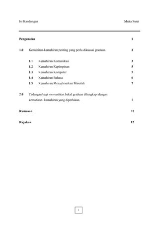 Isi Kandungan                                                    Muka Surat




Pengenalan                                                           1


1.0   Kemahiran-kemahiran penting yang perlu dikuasai graduan.       2


      1.1       Kemahiran Komunikasi                                 3
      1.2       Kemahiran Kepimpinan                                 5
      1.3       Kemahiran Komputer                                   5
      1.4       Kemahiran Bahasa                                     6
      1.5       Kemahiran Menyelesaikan Masalah                      7


2.0   Cadangan bagi memastikan bakal graduan dilengkapi dengan
      kemahiran- kemahiran yang diperlukan.                          7


Rumusan                                                              10


Rujukan                                                              12




                                          i
 