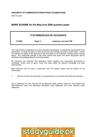 UNIVERSITY OF CAMBRIDGE INTERNATIONAL EXAMINATIONS
GCE O Level
MARK SCHEME for the May/June 2006 question paper
7110 PRINCIPLES OF ACCOUNTS
7110/02 Paper 2 maximum raw mark 100
This mark scheme is published as an aid to teachers and students, to indicate the requirements of the
examination. It shows the basis on which Examiners were initially instructed to award marks. It does
not indicate the details of the discussions that took place at an Examiners’ meeting before marking
began. Any substantial changes to the mark scheme that arose from these discussions will be
recorded in the published Report on the Examination.
All Examiners are instructed that alternative correct answers and unexpected approaches in
candidates’ scripts must be given marks that fairly reflect the relevant knowledge and skills
demonstrated.
Mark schemes must be read in conjunction with the question papers and the Report on the
Examination.
• CIE will not enter into discussion or correspondence in connection with these mark schemes.
CIE is publishing the mark schemes for the May/June 2006 question papers for most IGCSE and
GCE Advanced Level and Advanced Subsidiary Level syllabuses and some Ordinary Level
syllabuses.
www.xtremepapers.net
 