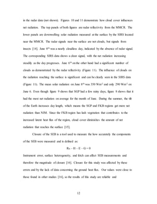 12
in the radar data (not shown). Figures 10 and 11 demonstrate how cloud cover influences
net radiation. The top panels of both figures are radar reflectivity from the MMCR. The
lower panels are downwelling solar radiation measured at the surface by the SIRS located
near the MMCR. The radar signals near the surface are not clouds, but signals from
insects [14]. June 8th was a nearly cloudless day, indicated by the absence of radar signal.
The corresponding SIRS data shows a clean signal, with the net radiation increasing
steadily as the day progresses. June 6th on the other hand had a significant number of
clouds as demonstrated by the radar reflectivity (Figure 11). The influence of clouds on
the radiation reaching the surface is significant and can be clearly seen in the SIRS data
(Figure 11). The mean solar radiation on June 8th was 350 Wm-2 and only 290 Wm-2 on
June 6. Even though figure 9 shows that SGP had a few rainy days, figure 8 shows that it
had the most net radiation on average for the month of June. During the summer, the tilt
of the Earth increases day length, which means the SGP and FKB regions get more net
radiation than NIM. Since the FKB region has lush vegetation that contributes to the
increased latent heat flux of the region, cloud cover diminishes the amount of net
radiation that reaches the surface [15].
Closure of the SEB is a tool used to measure the how accurately the components
of the SEB were measured and is defined as:
RN – H – E – G = 0
Instrument error, surface heterogeneity, and fetch can affect SEB measurements and
therefore the magnitude of closure [16]. Closure for this study was affected by these
errors and by the lack of data concerning the ground heat flux. Our values were close to
those found in other studies [16], so the results of this study are reliable and
 