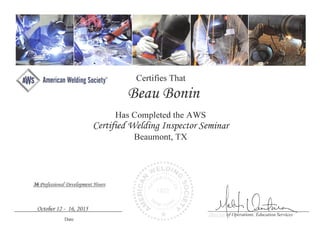 AWS Certified Welding Inspector Seminar Certificate
