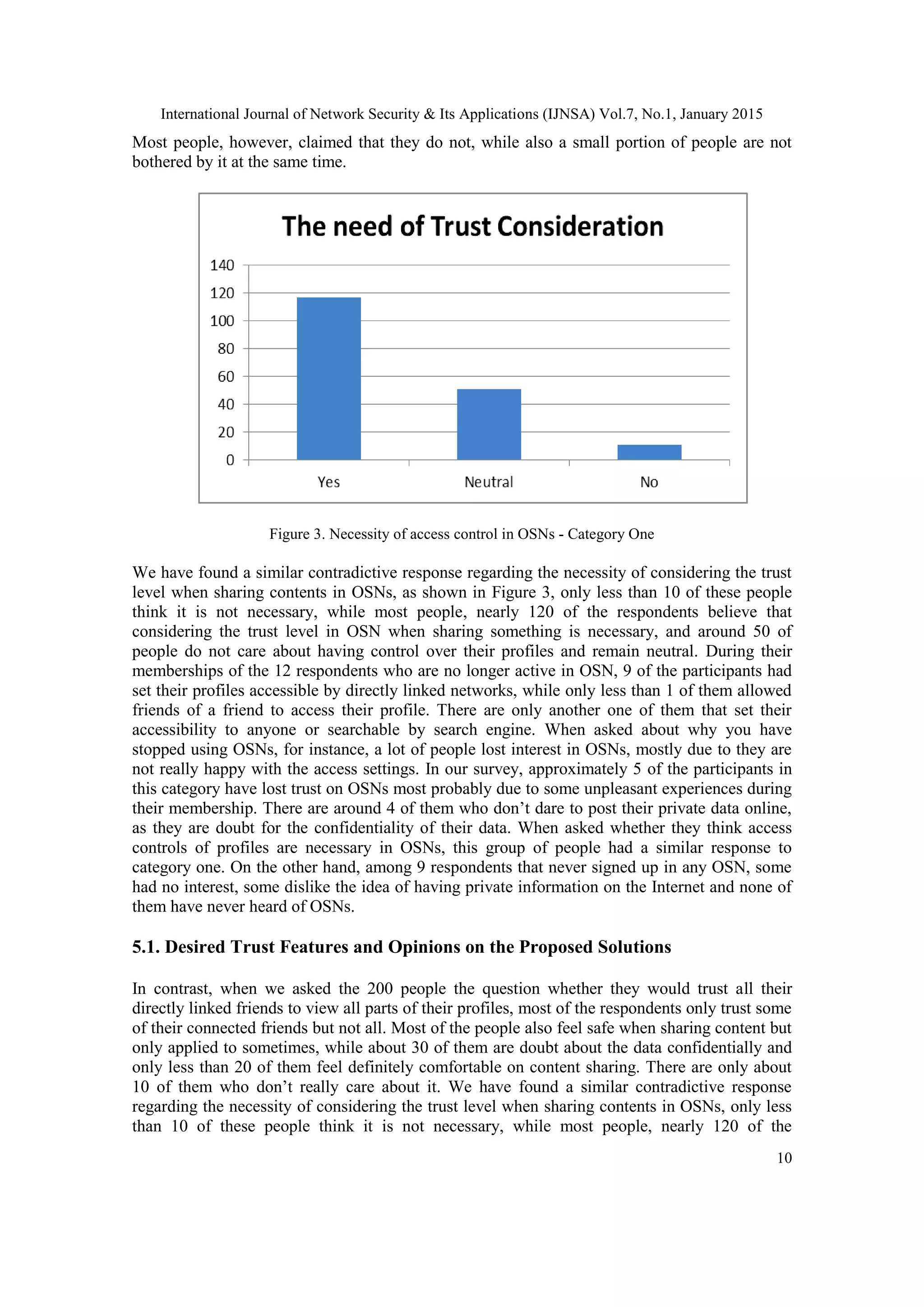 International Journal of Network Security & Its Applications (IJNSA) Vol.7, No.1, January 2015
10
Most people, however, claimed that they do not, while also a small portion of people are not
bothered by it at the same time.
Figure 3. Necessity of access control in OSNs - Category One
We have found a similar contradictive response regarding the necessity of considering the trust
level when sharing contents in OSNs, as shown in Figure 3, only less than 10 of these people
think it is not necessary, while most people, nearly 120 of the respondents believe that
considering the trust level in OSN when sharing something is necessary, and around 50 of
people do not care about having control over their profiles and remain neutral. During their
memberships of the 12 respondents who are no longer active in OSN, 9 of the participants had
set their profiles accessible by directly linked networks, while only less than 1 of them allowed
friends of a friend to access their profile. There are only another one of them that set their
accessibility to anyone or searchable by search engine. When asked about why you have
stopped using OSNs, for instance, a lot of people lost interest in OSNs, mostly due to they are
not really happy with the access settings. In our survey, approximately 5 of the participants in
this category have lost trust on OSNs most probably due to some unpleasant experiences during
their membership. There are around 4 of them who don‟t dare to post their private data online,
as they are doubt for the confidentiality of their data. When asked whether they think access
controls of profiles are necessary in OSNs, this group of people had a similar response to
category one. On the other hand, among 9 respondents that never signed up in any OSN, some
had no interest, some dislike the idea of having private information on the Internet and none of
them have never heard of OSNs.
5.1. Desired Trust Features and Opinions on the Proposed Solutions
In contrast, when we asked the 200 people the question whether they would trust all their
directly linked friends to view all parts of their profiles, most of the respondents only trust some
of their connected friends but not all. Most of the people also feel safe when sharing content but
only applied to sometimes, while about 30 of them are doubt about the data confidentially and
only less than 20 of them feel definitely comfortable on content sharing. There are only about
10 of them who don‟t really care about it. We have found a similar contradictive response
regarding the necessity of considering the trust level when sharing contents in OSNs, only less
than 10 of these people think it is not necessary, while most people, nearly 120 of the
 