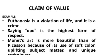 Violating Values Understanding Claims: Fact, Value, and Policy in Argumentation | PPTX