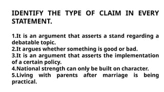 Understanding Claims: Fact, Value, and Policy in Argumentation | PPTX