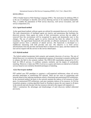 International Journal on Web Service Computing (IJWSC), Vol.7, No.1, March 2016
10
4.2.3.2. OWL-S
OWL-S builds based on Web Ontology Language (OWL). The motivation for defining OWL-S
is the use of ontologies to describe web service allowing services to be machine-interpretable.
Thus, it enables the automation of Web service discovery, web service invocation, and web
service composition [31].
4.2.4. Agent-based method
In the agent-based method, software agents are utilized for automated discovery of web services.
The main characteristics of intelligent agents are reactive and autonomous that facilitates the
discovery process. Since agents are aware of their environment, services that are added or
removed from this environment will be recognized by agents and dynamically react to this
changes. The use of software agents in service discovery has been the subject of several
researches. The agent-based framework [32] provides an efficient mechanism to discover the
required services from a collection of shared services. The framework is developed as a
middleware interacting with both provider and user. The objective is to fetch service
advertisements from the provider and hosted them in shared service space, and then matches the
user service request with the services in the service shared space.
4.2.5. Hybrid method
The hybrid method incorporates both syntactic and semantic discovery of services. The aim of
hybrid discovery is to minimize the computational expenses of reasoning in semantic method and
to enhance the QoS in the syntactic method. The OWLS-MX matchmaker proposed by [33] is
built for OWL-S services. It combines syntactic similarity and the degree of semantically
matching. Moreover, it takes any OWL-S service as a query and returns an ordered set of relevant
services based on text similarity threshold and degree of matching.
4.2.6. Peer-to-peer method
P2P method uses P2P paradigm to construct a self-organized architecture where all service
providers participate in constructing P2P network. There are two ways of constructing such
network based on the indexing mechanism which is Structured and unstructured P2P architecture.
In the structured method, the peers in the network maintain the indexes of all resources of other
peers. In unstructured P2P architecture, each peer maintains indexes of its resources. In [34] the
researchers propose a routing algorithm based on flooding to passes the user request to all peers
in the network and only the peer who has resources relevant to the request will respond to it.
Table 2 summarizes the advantages and disadvantages of each discovery method elaborated
previously.
 
