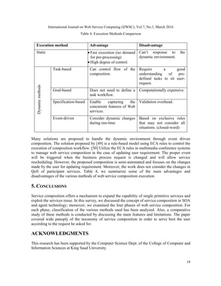 International Journal on Web Service Computing (IJWSC), Vol.7, No.1, March 2016
18
Table 4: Execution Methods Comparison
Execution method Advantage Disadvantage
Static  Fast execution (no demand
for pre-processing)
 High degree of control.
Can’t response to the
dynamic environment.
Dynamic
methods
Task-based Can control flow of the
composition.
Require a good
understanding of pre-
defined tasks to sit user-
request.
Goal-based Does not need to define a
task workflow.
Computationally expensive.
Specification-based Enable capturing the
concurrent features of Web
services.
Validation overhead.
Event-driven Consider dynamic changes
during run-time
Based on exclusive rules
that may not consider all
situations. (closed-word)
Many solutions are proposed to handle the dynamic environment through event driven
composition. The solution proposed by [49] is a rule-based model using ECA rules to control the
execution of composition workflow. [50] Utilize the ECA rules in multimedia conference systems
to manage web service composition in the case of updating user requirement. The proper event
will be triggered when the business process request is changed and will allow service
rescheduling. However, the proposed composition is semi-automated and focuses on the changes
made by the user for updating requirement. Moreover, the work does not consider the changes in
QoS of participant services. Table 4, we summarize some of the main advantages and
disadvantages of the various methods of web service composition execution.
5. CONCLUSIONS
Service composition offers a mechanism to expand the capability of single primitive services and
exploit the services reuse. In this survey, we discussed the concept of service composition in SOA
and agent technology; moreover, we examined the four phases of web service composition. For
each phase, classification of the various methods used has been analyzed. Also, a comparative
study of these methods is conducted by discussing the main features and limitations. The paper
covered wide panoply of the taxonomy of service composition in order to serve best the user
according to the request he asked for.
ACKNOWLEDGMENTS
This research has been supported by the Computer Science Dept. of the College of Computer and
Information Sciences at King Saud University.
 