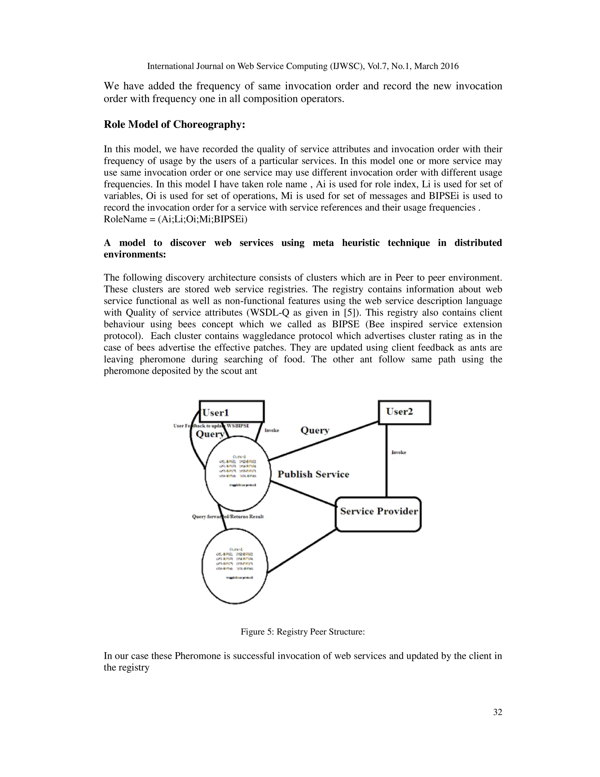 International Journal on Web Service Computing (IJWSC), Vol.7, No.1, March 2016
32
We have added the frequency of same invocation order and record the new invocation
order with frequency one in all composition operators.
Role Model of Choreography:
In this model, we have recorded the quality of service attributes and invocation order with their
frequency of usage by the users of a particular services. In this model one or more service may
use same invocation order or one service may use different invocation order with different usage
frequencies. In this model I have taken role name , Ai is used for role index, Li is used for set of
variables, Oi is used for set of operations, Mi is used for set of messages and BIPSEi is used to
record the invocation order for a service with service references and their usage frequencies .
RoleName = (Ai;Li;Oi;Mi;BIPSEi)
A model to discover web services using meta heuristic technique in distributed
environments:
The following discovery architecture consists of clusters which are in Peer to peer environment.
These clusters are stored web service registries. The registry contains information about web
service functional as well as non-functional features using the web service description language
with Quality of service attributes (WSDL-Q as given in [5]). This registry also contains client
behaviour using bees concept which we called as BIPSE (Bee inspired service extension
protocol). Each cluster contains waggledance protocol which advertises cluster rating as in the
case of bees advertise the effective patches. They are updated using client feedback as ants are
leaving pheromone during searching of food. The other ant follow same path using the
pheromone deposited by the scout ant
Figure 5: Registry Peer Structure:
In our case these Pheromone is successful invocation of web services and updated by the client in
the registry
 