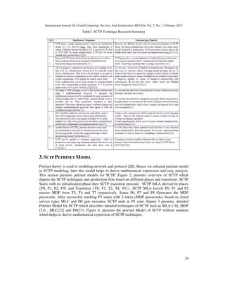 International Journal On Cloud Computing: Services And Architecture (IJCCSA) Vol. 7, No. 1, February 2017
20
Table3. SCTP Technique Research Summary
3. SCTP PETRINET MODEL
Petrinet theory is used in modeling network and protocol [28]. Hence we selected petrinet model
in SCTP modeling, later this model helps to derive mathematical expression and easy analysis.
This section presents petrinet models for SCTP. Figure 2, presents overview of SCTP which
depicts the SCTP techniques and production flow based on different places and transitions. SCTP
Starts with its initialization phase then SCTP execution proceed. SCTP MLA derived in places
{P0, P1, P2, P9} and Transition {T0, T1, T2, T8, T11}. SCTP MLA Levels P0, P1 and P2
receive MDP from T5, T6 and T7 respectively. States P6, P7 and P8 Generates the MDP
passwords. After successful reaching P3 states with 3 token (MDP passwords), based on cloud
service types MLC and IM gets executes. SCTP ends at P5 state. Figure 3 presents, detailed
Petrinet Model for SCTP which describes detailed techniques of SCTP such as MLA [18], MDP
[21] , MLC[22] and IM[23]. Figure 4, presents the petrinet Model of SCTP without notation
which helps to derive mathematical expression of SCTP techniques.
 