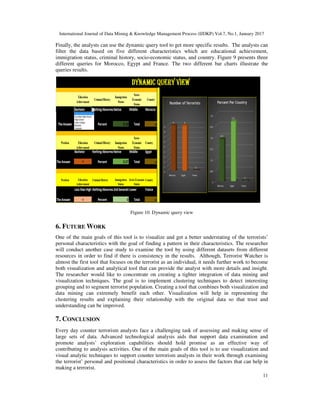 International Journal of Data Mining & Knowledge Management Process (IJDKP) Vol.7, No.1, January 2017
11
Finally, the analysts can use the dynamic query tool to get more specific results. The analysts can
filter the data based on five different characteristics which are educational achievement,
immigration status, criminal history, socio-economic status, and country. Figure 9 presents three
different queries for Morocco, Egypt and France. The two different bar charts illustrate the
queries results.
Figure 10. Dynamic query view
6. FUTURE WORK
One of the main goals of this tool is to visualize and get a better understating of the terrorists’
personal characteristics with the goal of finding a pattern in their characteristics. The researcher
will conduct another case study to examine the tool by using different datasets from different
resources in order to find if there is consistency in the results. Although, Terrorist Watcher is
almost the first tool that focuses on the terrorist as an individual, it needs further work to become
both visualization and analytical tool that can provide the analyst with more details and insight.
The researcher would like to concentrate on creating a tighter integration of data mining and
visualization techniques. The goal is to implement clustering techniques to detect interesting
grouping and to segment terrorist population. Creating a tool that combines both visualization and
data mining can extremely benefit each other. Visualization will help in representing the
clustering results and explaining their relationship with the original data so that trust and
understanding can be improved.
7. CONCLUSION
Every day counter terrorism analysts face a challenging task of assessing and making sense of
large sets of data. Advanced technological analysis aids that support data examination and
promote analysts’ exploration capabilities should hold promise as an effective way of
contributing to analysis activities. One of the main goals of this tool is to use visualization and
visual analytic techniques to support counter terrorism analysts in their work through examining
the terrorist’ personal and positional characteristics in order to assess the factors that can help in
making a terrorist.
 