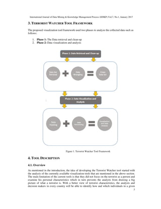 International Journal of Data Mining & Knowledge Management Process (IJDKP) Vol.7, No.1, January 2017
3
3. TERRORIST WATCHER TOOL FRAMEWORK
The proposed visualization tool framework used two phases to analyze the collected data such as
follows:
1. Phase 1: The Data retrieval and clean-up
2. Phase 2: Data visualization and analysis
Figure 1. Terrorist Watcher Tool Framework
4. TOOL DESCRIPTION
4.1. Overview
As mentioned in the introduction, the idea of developing the Terrorist Watcher tool started with
the analysis of the currently available visualization tools that are mentioned in the above section.
The main limitation of the current tools is that they did not focus on the terrorist as a person and
examine his personal characteristics which in turn prevents the analysts from drawing a big
picture of what a terrorist is. With a better view of terrorist characteristics, the analysts and
decision makers in every country will be able to identify how and which individuals in a given
 