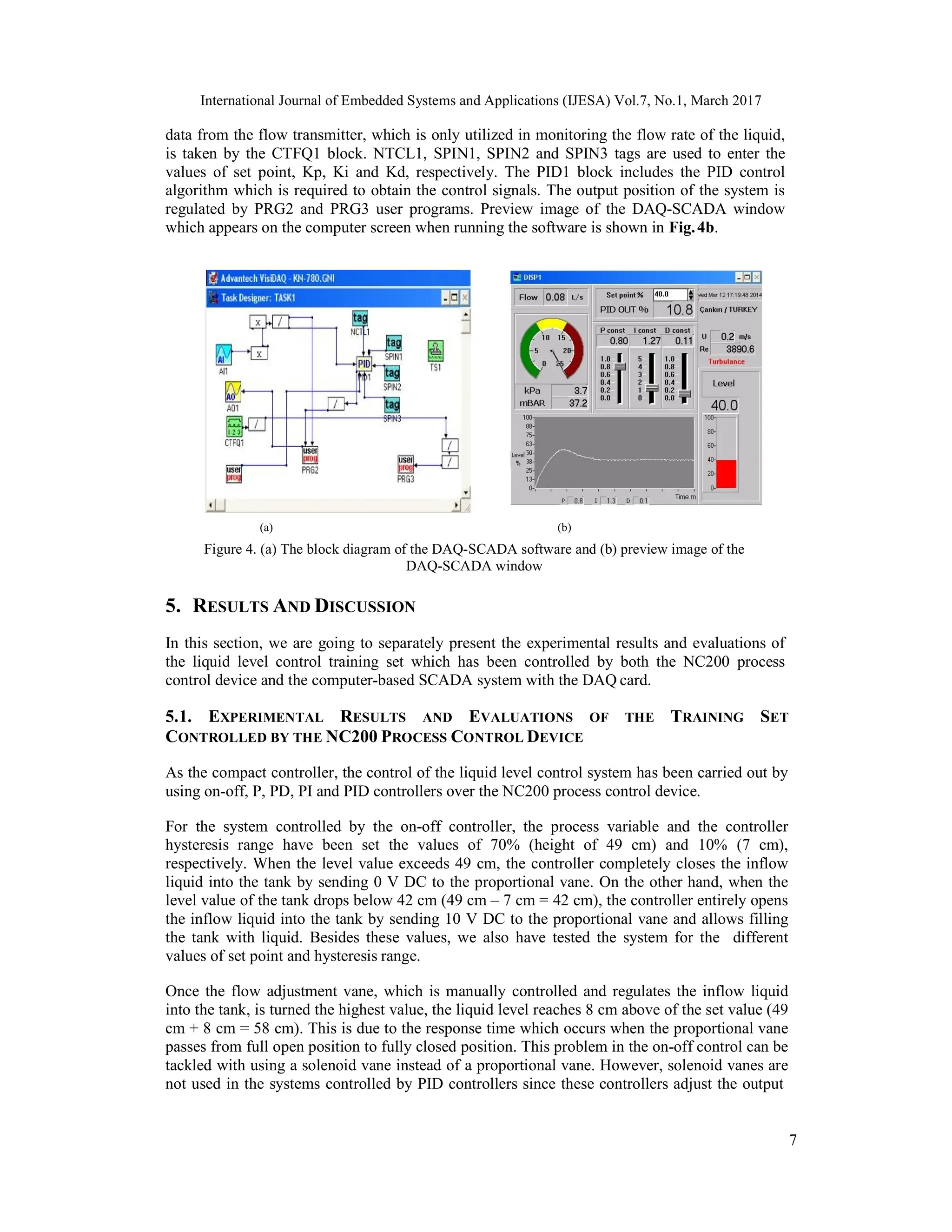 International Journal of Embedded Systems and Applications (IJESA) Vol.7, No.1, March 2017 7 data from the flow transmitter, which is only utilized in monitoring the flow rate of the liquid, is taken by the CTFQ1 block. NTCL1, SPIN1, SPIN2 and SPIN3 tags are used to enter the values of set point, Kp, Ki and Kd, respectively. The PID1 block includes the PID control algorithm which is required to obtain the control signals. The output position of the system is regulated by PRG2 and PRG3 user programs. Preview image of the DAQ-SCADA window which appears on the computer screen when running the software is shown in Fig.4b. (a) (b) Figure 4. (a) The block diagram of the DAQ-SCADA software and (b) preview image of the DAQ-SCADA window 5. RESULTS AND DISCUSSION In this section, we are going to separately present the experimental results and evaluations of the liquid level control training set which has been controlled by both the NC200 process control device and the computer-based SCADA system with the DAQ card. 5.1. EXPERIMENTAL RESULTS AND EVALUATIONS OF THE TRAINING SET CONTROLLED BY THE NC200 PROCESS CONTROL DEVICE As the compact controller, the control of the liquid level control system has been carried out by using on-off, P, PD, PI and PID controllers over the NC200 process control device. For the system controlled by the on-off controller, the process variable and the controller hysteresis range have been set the values of 70% (height of 49 cm) and 10% (7 cm), respectively. When the level value exceeds 49 cm, the controller completely closes the inflow liquid into the tank by sending 0 V DC to the proportional vane. On the other hand, when the level value of the tank drops below 42 cm (49 cm – 7 cm = 42 cm), the controller entirely opens the inflow liquid into the tank by sending 10 V DC to the proportional vane and allows filling the tank with liquid. Besides these values, we also have tested the system for the different values of set point and hysteresis range. Once the flow adjustment vane, which is manually controlled and regulates the inflow liquid into the tank, is turned the highest value, the liquid level reaches 8 cm above of the set value (49 cm + 8 cm = 58 cm). This is due to the response time which occurs when the proportional vane passes from full open position to fully closed position. This problem in the on-off control can be tackled with using a solenoid vane instead of a proportional vane. However, solenoid vanes are not used in the systems controlled by PID controllers since these controllers adjust the output 