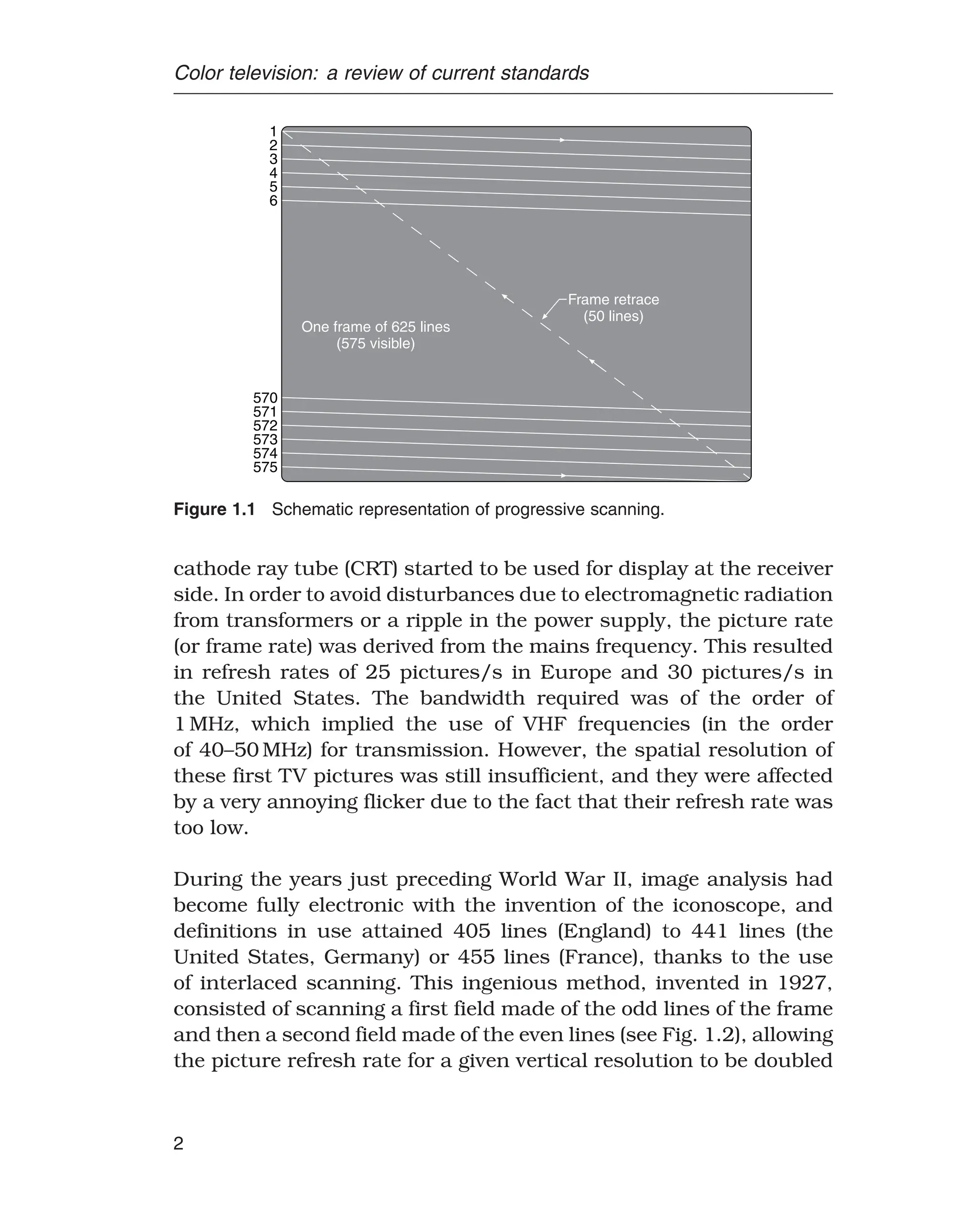 Color television: a review of current standards
One frame of 625 lines
(575 visible)
Frame retrace
(50 lines)
1
2
3
4
5
6
570
571
572
573
574
575
Figure 1.1 Schematic representation of progressive scanning.
cathode ray tube (CRT) started to be used for display at the receiver
side. In order to avoid disturbances due to electromagnetic radiation
from transformers or a ripple in the power supply, the picture rate
(or frame rate) was derived from the mains frequency. This resulted
in refresh rates of 25 pictures/s in Europe and 30 pictures/s in
the United States. The bandwidth required was of the order of
1 MHz, which implied the use of VHF frequencies (in the order
of 40–50 MHz) for transmission. However, the spatial resolution of
these first TV pictures was still insufficient, and they were affected
by a very annoying flicker due to the fact that their refresh rate was
too low.
During the years just preceding World War II, image analysis had
become fully electronic with the invention of the iconoscope, and
definitions in use attained 405 lines (England) to 441 lines (the
United States, Germany) or 455 lines (France), thanks to the use
of interlaced scanning. This ingenious method, invented in 1927,
consisted of scanning a first field made of the odd lines of the frame
and then a second field made of the even lines (see Fig. 1.2), allowing
the picture refresh rate for a given vertical resolution to be doubled
2
 