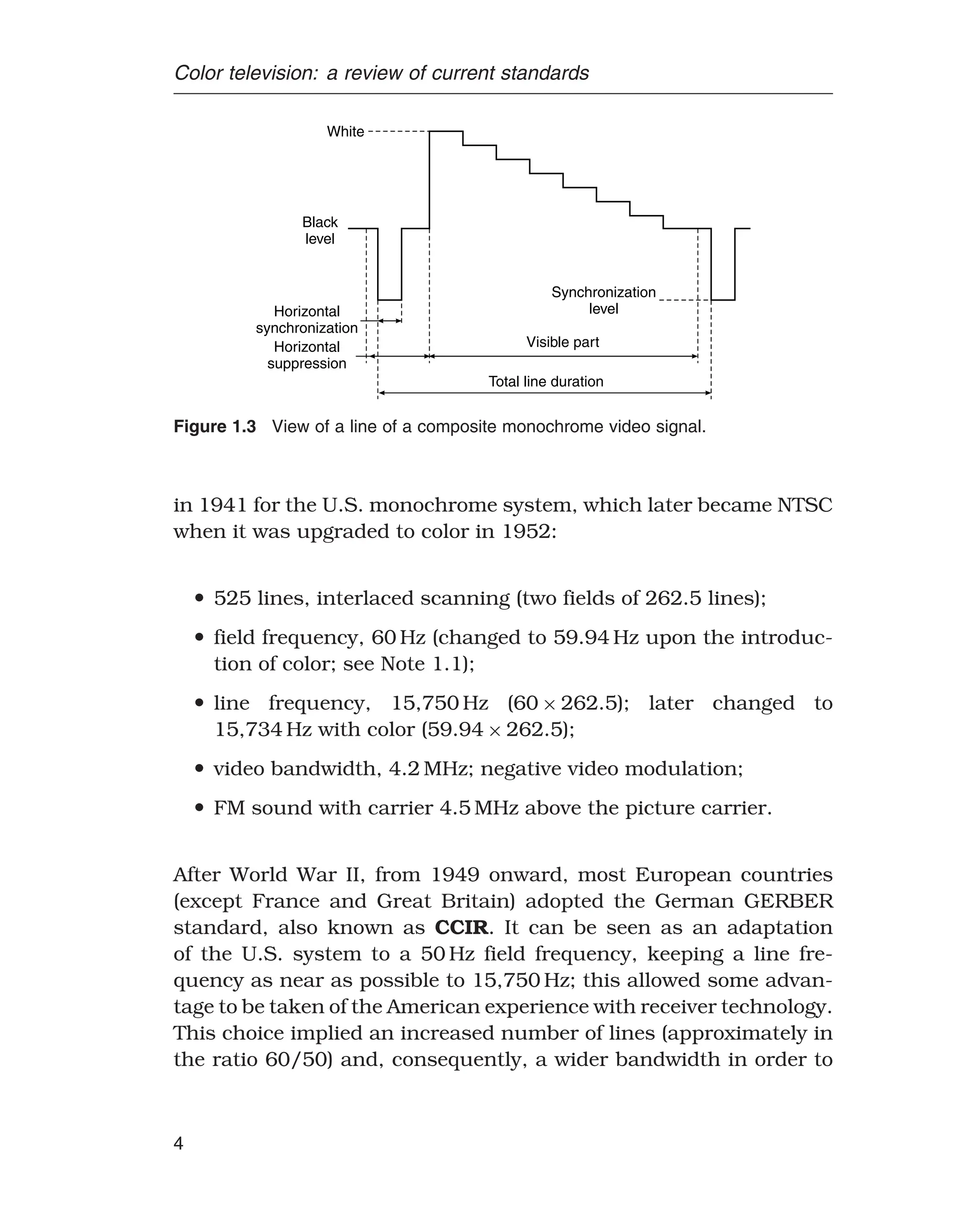 Color television: a review of current standards
White
Black
level
Horizontal
synchronization
Horizontal
suppression
Synchronization
level
Visible part
Total line duration
Figure 1.3 View of a line of a composite monochrome video signal.
in 1941 for the U.S. monochrome system, which later became NTSC
when it was upgraded to color in 1952:
• 525 lines, interlaced scanning (two fields of 262.5 lines);
• field frequency, 60 Hz (changed to 59.94 Hz upon the introduc-
tion of color; see Note 1.1);
• line frequency, 15,750 Hz (60 × 262.5); later changed to
15,734 Hz with color (59.94 × 262.5);
• video bandwidth, 4.2 MHz; negative video modulation;
• FM sound with carrier 4.5 MHz above the picture carrier.
After World War II, from 1949 onward, most European countries
(except France and Great Britain) adopted the German GERBER
standard, also known as CCIR. It can be seen as an adaptation
of the U.S. system to a 50 Hz field frequency, keeping a line fre-
quency as near as possible to 15,750 Hz; this allowed some advan-
tage to be taken of the American experience with receiver technology.
This choice implied an increased number of lines (approximately in
the ratio 60/50) and, consequently, a wider bandwidth in order to
4
 