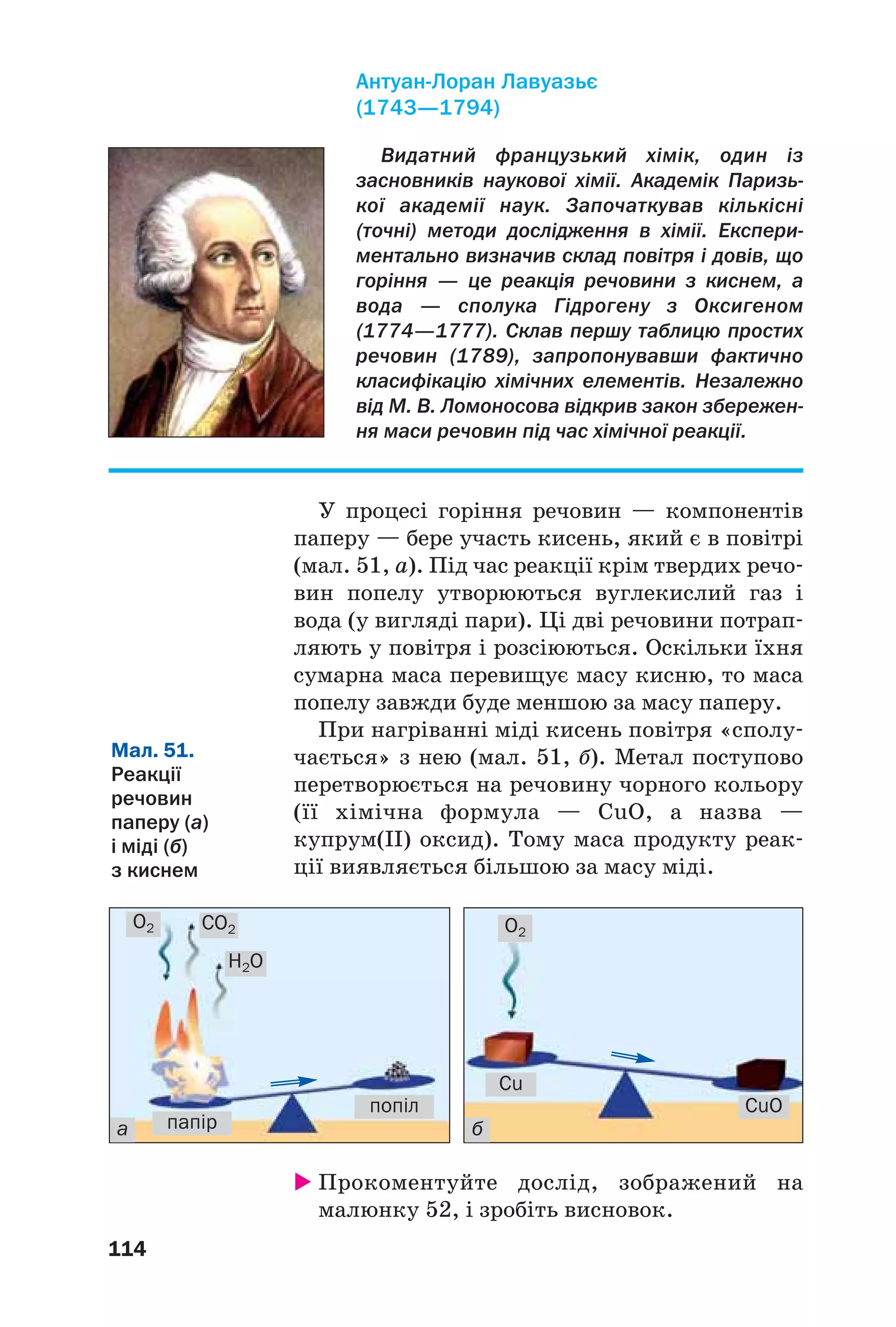 114
У процесі горіння речовин — компонентів
паперу — бере участь кисень, який є в повітрі
(мал. 51, а). Під час реакції крім твердих речо
вин попелу утворюються вуглекислий газ і
вода (у вигляді пари). Ці дві речовини потрап
ляють у повітря і розсіюються. Оскільки їхня
сумарна маса перевищує масу кисню, то маса
попелу завжди буде меншою за масу паперу.
При нагріванні міді кисень повітря «сполу
чається» з нею (мал. 51, б). Метал поступово
перетворюється на речовину чорного кольору
(її хімічна формула — CuO, а назва —
купрум(ІІ) оксид). Тому маса продукту реак
ції виявляється більшою за масу міді.
Видатний французький хімік, один із
засновників наукової хімії. Академік Паризь
кої академії наук. Започаткував кількісні
(точні) методи дослідження в хімії. Експери
ментально визначив склад повітря і довів, що
горіння — це реакція речовини з киснем, а
вода — сполука Гідрогену з Оксигеном
(1774—1777). Склав першу таблицю простих
речовин (1789), запропонувавши фактично
класифікацію хімічних елементів. Незалежно
від М. В. Ломоносова відкрив закон збережен
ня маси речовин під час хімічної реакції.
Антуан Лоран Лавуазьє
(1743—1794)
Мал. 51.
Реакції
речовин
паперу (а)
і міді (б)
з киснем
папір
попіл
O2
O2 CO2
H2O
папір
попіл
Cu
CuO
а б
Прокоментуйте дослід, зображений на
малюнку 52, і зробіть висновок.
 