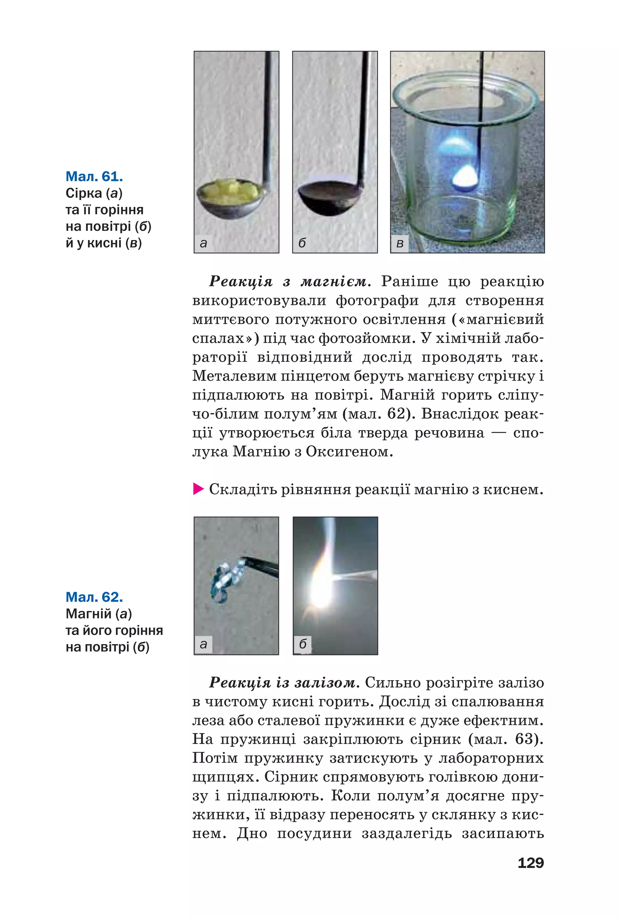 129
Реакція з магнієм. Раніше цю реакцію
використовували фотографи для створення
миттєвого потужного освітлення («магнієвий
спалах») під час фотозйомки. У хімічній лабо
раторії відповідний дослід проводять так.
Металевим пінцетом беруть магнієву стрічку і
підпалюють на повітрі. Магній горить сліпу
чо білим полум’ям (мал. 62). Внаслідок реак
ції утворюється біла тверда речовина — спо
лука Магнію з Оксигеном.
Складіть рівняння реакції магнію з киснем.
Мал. 61.
Сірка (а)
та її горіння
на повітрі (б)
й у кисні (в) а б в
Мал. 62.
Магній (а)
та його горіння
на повітрі (б) а б
Реакція із залізом. Сильно розігріте залізо
в чистому кисні горить. Дослід зі спалювання
леза або сталевої пружинки є дуже ефектним.
На пружинці закріплюють сірник (мал. 63).
Потім пружинку затискують у лабораторних
щипцях. Сірник спрямовують голівкою дони
зу і підпалюють. Коли полум’я досягне пру
жинки, її відразу переносять у склянку з кис
нем. Дно посудини заздалегідь засипають
 