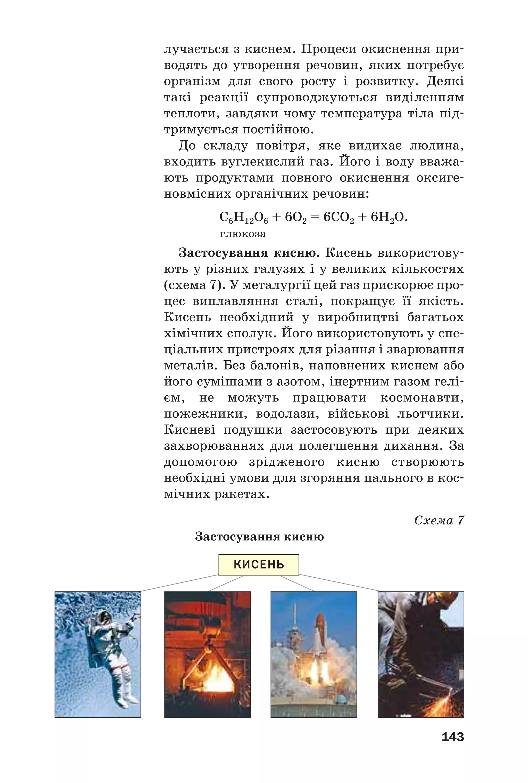 143
лучається з киснем. Процеси окиснення при
водять до утворення речовин, яких потребує
організм для свого росту і розвитку. Деякі
такі реакції супроводжуються виділенням
теплоти, завдяки чому температура тіла під
тримується постійною.
До складу повітря, яке видихає людина,
входить вуглекислий газ. Його і воду вважа
ють продуктами повного окиснення оксиге
новмісних органічних речовин:
С6Н12О6 + 6О2 = 6СО2 + 6Н2О.
глюкоза
Застосування кисню. Кисень використову
ють у різних галузях і у великих кількостях
(схема 7). У металургії цей газ прискорює про
цес виплавляння сталі, покращує її якість.
Кисень необхідний у виробництві багатьох
хімічних сполук. Його використовують у спе
ціальних пристроях для різання і зварювання
металів. Без балонів, наповнених киснем або
його сумішами з азотом, інертним газом гелі
єм, не можуть працювати космонавти,
пожежники, водолази, військові льотчики.
Кисневі подушки застосовують при деяких
захворюваннях для полегшення дихання. За
допомогою зрідженого кисню створюють
необхідні умови для згоряння пального в кос
мічних ракетах.
Схема 7
Застосування кисню
КИСЕНЬ
 