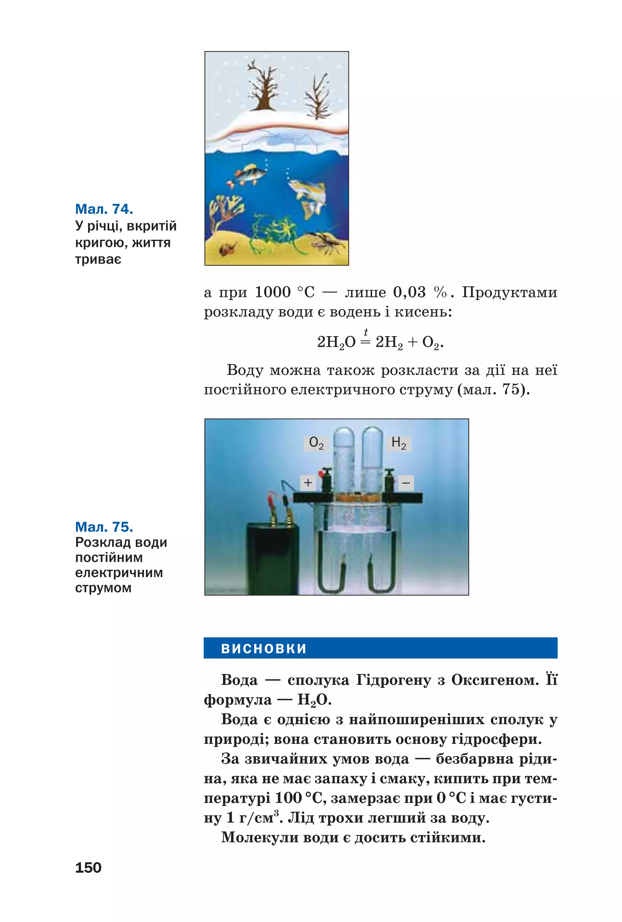 150
а при 1000 °С — лише 0,03 %. Продуктами
розкладу води є водень і кисень:
t
2H2O = 2H2 + O2.
Воду можна також розкласти за дії на неї
постійного електричного струму (мал. 75).
Мал. 74.
У річці, вкритій
кригою, життя
триває
Мал. 75.
Розклад води
постійним
електричним
струмом
O2 H2
+ –
ВИСНОВКИ
Вода — сполука Гідрогену з Оксигеном. Її
формула — Н2О.
Вода є однією з найпоширеніших сполук у
природі; вона становить основу гідросфери.
За звичайних умов вода — безбарвна ріди
на, яка не має запаху і смаку, кипить при тем
пературі 100 °С, замерзає при 0 °С і має густи
ну 1 г/см3
. Лід трохи легший за воду.
Молекули води є досить стійкими.
 