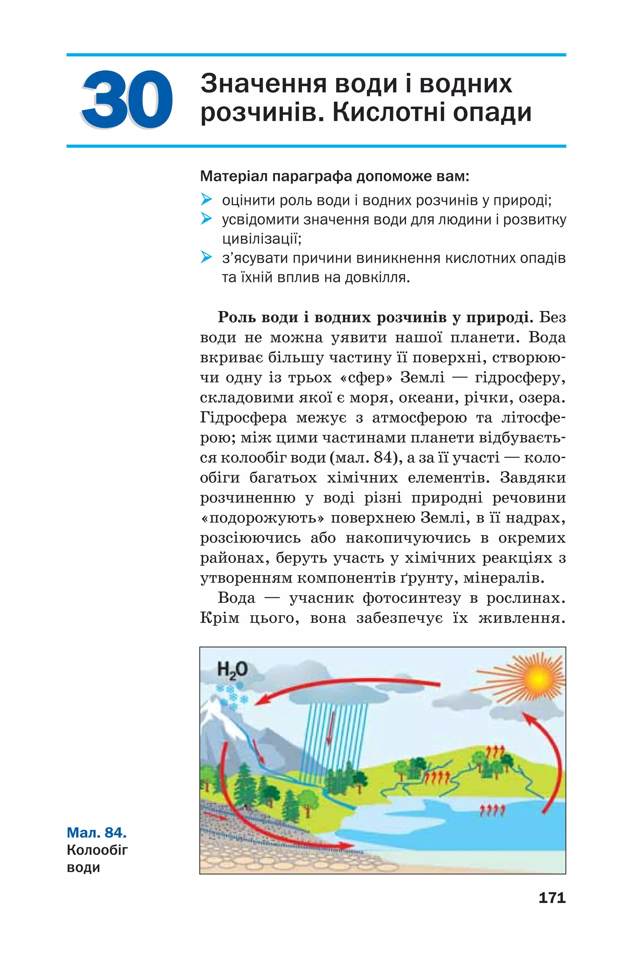 3030
171
Значення води і водних
розчинів. Кислотні опади
Матеріал параграфа допоможе вам:
оцінити роль води і водних розчинів у природі;
усвідомити значення води для людини і розвитку
цивілізації;
з’ясувати причини виникнення кислотних опадів
та їхній вплив на довкілля.
Роль води і водних розчинів у природі. Без
води не можна уявити нашої планети. Вода
вкриває більшу частину її поверхні, створюю
чи одну із трьох «сфер» Землі — гідросферу,
складовими якої є моря, океани, річки, озера.
Гідросфера межує з атмосферою та літосфе
рою; між цими частинами планети відбуваєть
ся колообіг води (мал. 84), а за її участі — коло
обіги багатьох хімічних елементів. Завдяки
розчиненню у воді різні природні речовини
«подорожують» поверхнею Землі, в її надрах,
розсіюючись або накопичуючись в окремих
районах, беруть участь у хімічних реакціях з
утворенням компонентів ґрунту, мінералів.
Вода — учасник фотосинтезу в рослинах.
Крім цього, вона забезпечує їх живлення.
Мал. 84.
Колообіг
води
 