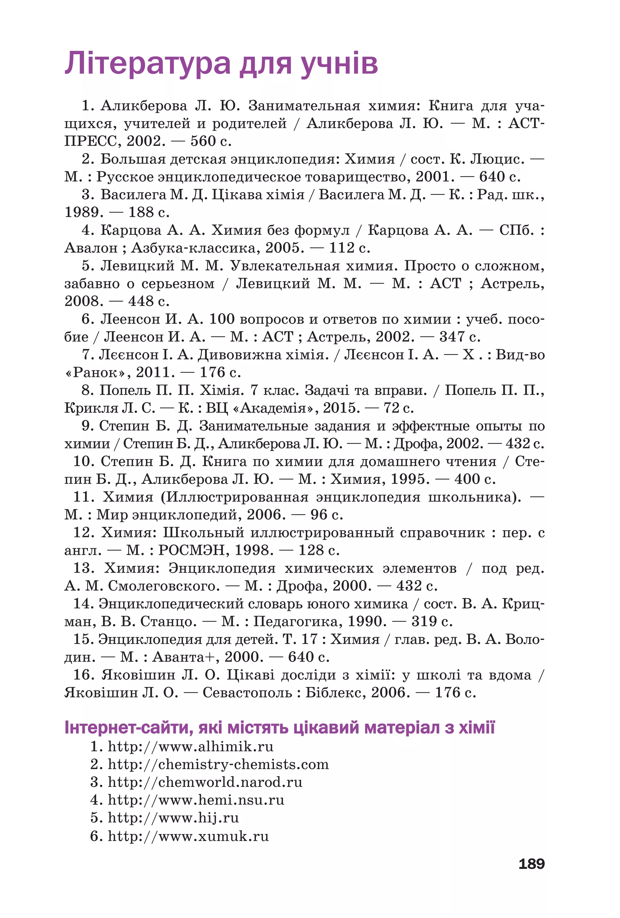 189
Література для учнів
1. Аликберова Л. Ю. Занимательная химия: Книга для уча
щихся, учителей и родителей / Аликберова Л. Ю. — М. : АСТ
ПРЕСС, 2002. — 560 с.
2. Большая детская энциклопедия: Химия / cост. К. Люцис. —
М. : Русское энциклопедическое товарищество, 2001. — 640 с.
3. Василега М. Д. Цікава хімія / Василега М. Д. — К. : Рад. шк.,
1989. — 188 с.
4. Карцова А. А. Химия без формул / Карцова А. А. — СПб. :
Авалон ; Азбука классика, 2005. — 112 с.
5. Левицкий М. М. Увлекательная химия. Просто о сложном,
забавно о серьезном / Левицкий М. М. — М. : АСТ ; Астрель,
2008. — 448 с.
6. Леенсон И. А. 100 вопросов и ответов по химии : учеб. посо
бие / Леенсон И. А. — М. : АСТ ; Астрель, 2002. — 347 с.
7. Лєєнсон І. А. Дивовижна хімія. / Лєєнсон І. А. — Х . : Вид во
«Ранок», 2011. — 176 с.
8. Попель П. П. Хімія. 7 клас. Задачі та вправи. / Попель П. П.,
Крикля Л. С. — К. : ВЦ «Академія», 2015. — 72 с.
9. Степин Б. Д. Занимательные задания и эффектные опыты по
химии / Степин Б. Д., Аликберова Л. Ю. — М. : Дрофа, 2002. — 432 с.
10. Степин Б. Д. Книга по химии для домашнего чтения / Сте
пин Б. Д., Аликберова Л. Ю. — М. : Химия, 1995. — 400 с.
11. Химия (Иллюстрированная энциклопедия школьника). —
М. : Мир энциклопедий, 2006. — 96 с.
12. Химия: Школьный иллюстрированный справочник : пер. с
англ. — М. : РОСМЭН, 1998. — 128 с.
13. Химия: Энциклопедия химических элементов / под ред.
А. М. Смолеговского. — М. : Дрофа, 2000. — 432 с.
14. Энциклопедический словарь юного химика / сост. В. А. Криц
ман, В. В. Станцо. — М. : Педагогика, 1990. — 319 с.
15. Энциклопедия для детей. Т. 17 : Химия / глав. ред. В. А. Воло
дин. — М. : Аванта+, 2000. — 640 с.
16. Яковішин Л. О. Цікаві досліди з хімії: у школі та вдома /
Яковішин Л. О. — Севастополь : Біблекс, 2006. — 176 с.
Інтернет сайти, які містять цікавий матеріал з хімії
1. http://www.alhimik.ru
2. http://chemistry chemists.com
3. http://chemworld.narod.ru
4. http://www.hemi.nsu.ru
5. http://www.hij.ru
6. http://www.xumuk.ru
 