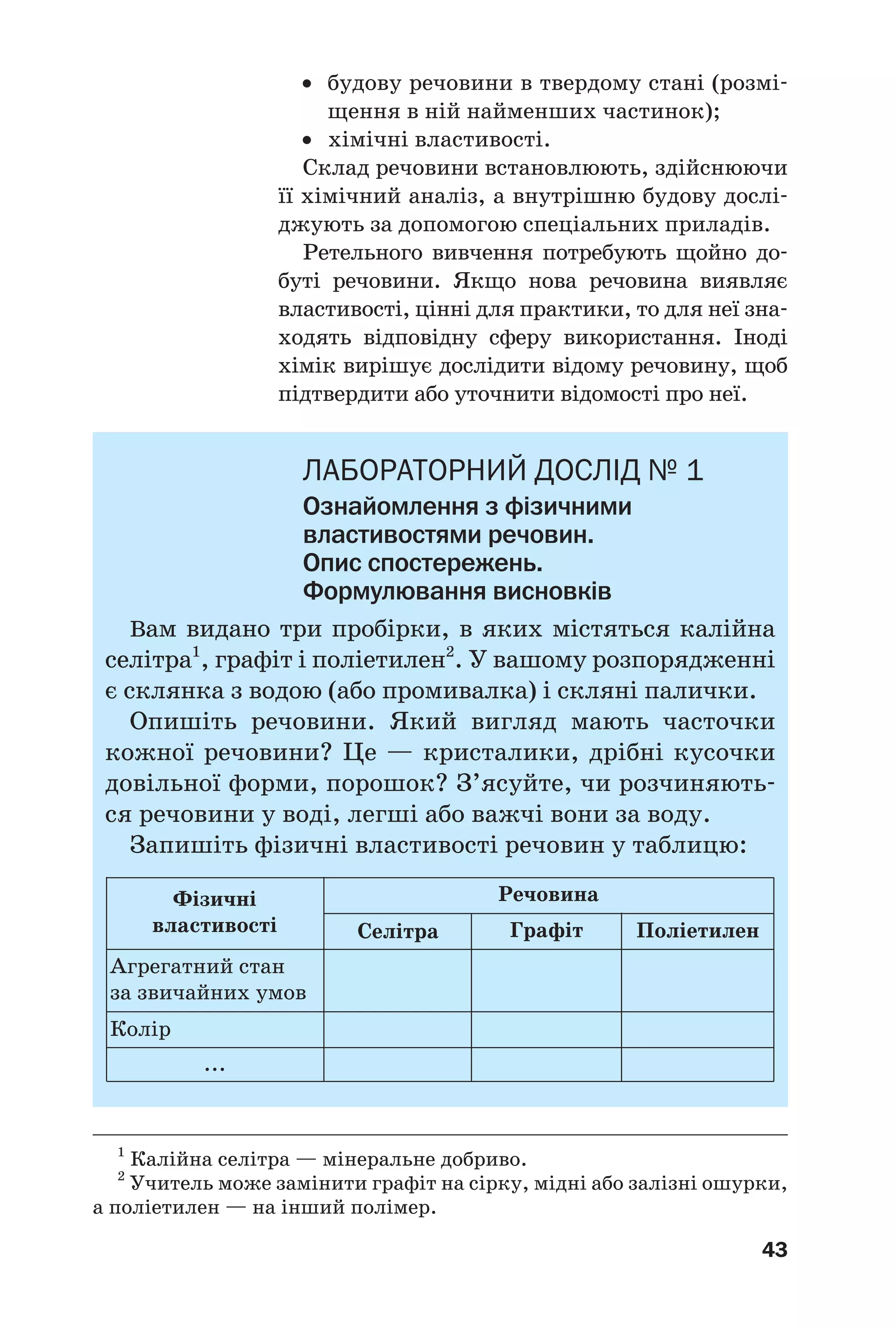 43
• будову речовини в твердому стані (розмі
щення в ній найменших частинок);
• хімічні властивості.
Склад речовини встановлюють, здійснюючи
її хімічний аналіз, а внутрішню будову дослі
джують за допомогою спеціальних приладів.
Ретельного вивчення потребують щойно до
буті речовини. Якщо нова речовина виявляє
властивості, цінні для практики, то для неї зна
ходять відповідну сферу використання. Іноді
хімік вирішує дослідити відому речовину, щоб
підтвердити або уточнити відомості про неї.
ЛАБОРАТОРНИЙ ДОСЛIД № 1
Ознайомлення з фізичними
властивостями речовин.
Опис спостережень.
Формулювання висновків
Вам видано три пробірки, в яких містяться калійна
селітра1
, графіт і поліетилен2
. У вашому розпорядженні
є склянка з водою (або промивалка) і скляні палички.
Опишіть речовини. Який вигляд мають часточки
кожної речовини? Це — кристалики, дрібні кусочки
довільної форми, порошок? З’ясуйте, чи розчиняють
ся речовини у воді, легші або важчі вони за воду.
Запишіть фізичні властивості речовин у таблицю:
1
Калійна селітра — мінеральне добриво.
2
Учитель може замінити графіт на сірку, мідні або залізні ошурки,
а поліетилен — на інший полімер.
Фізичні
властивості
Речовина
Селітра
Агрегатний стан
за звичайних умов
Колір
...
Графіт Поліетилен
 