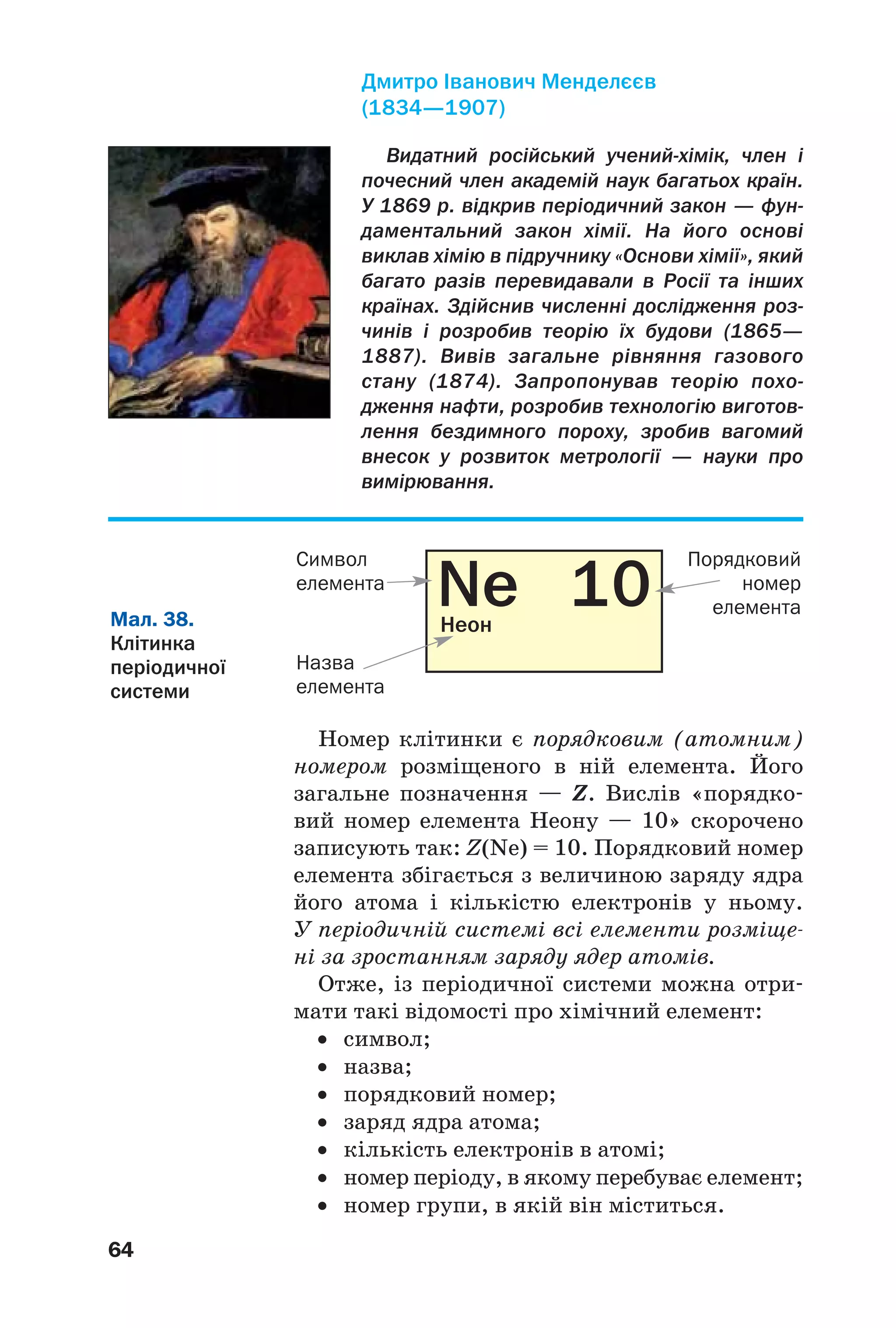 NeНеон
10
64
Номер клітинки є порядковим (атомним)
номером розміщеного в ній елемента. Його
загальне позначення — Z. Вислів «порядко
вий номер елемента Неону — 10» скорочено
записують так: Z(Nе) = 10. Порядковий номер
елемента збігається з величиною заряду ядра
його атома і кількістю електронів у ньому.
У періодичній системі всі елементи розміще
ні за зростанням заряду ядер атомів.
Отже, із періодичної системи можна отри
мати такі відомості про хімічний елемент:
• символ;
• назва;
• порядковий номер;
• заряд ядра атома;
• кількість електронів в атомі;
• номер періоду, в якому перебуває елемент;
• номер групи, в якій він міститься.
Видатний російський учений хімік, член і
почесний член академій наук багатьох країн.
У 1869 р. відкрив періодичний закон — фун
даментальний закон хімії. На його основі
виклав хімію в підручнику «Основи хімії», який
багато разів перевидавали в Росії та інших
країнах. Здійснив численні дослідження роз
чинів і розробив теорію їх будови (1865—
1887). Вивів загальне рівняння газового
стану (1874). Запропонував теорію похо
дження нафти, розробив технологію виготов
лення бездимного пороху, зробив вагомий
внесок у розвиток метрології — науки про
вимірювання.
Дмитро Іванович Менделєєв
(1834—1907)
Мал. 38.
Клітинка
періодичної
системи
Порядковий
номер
елемента
Символ
елемента
Назва
елемента
 