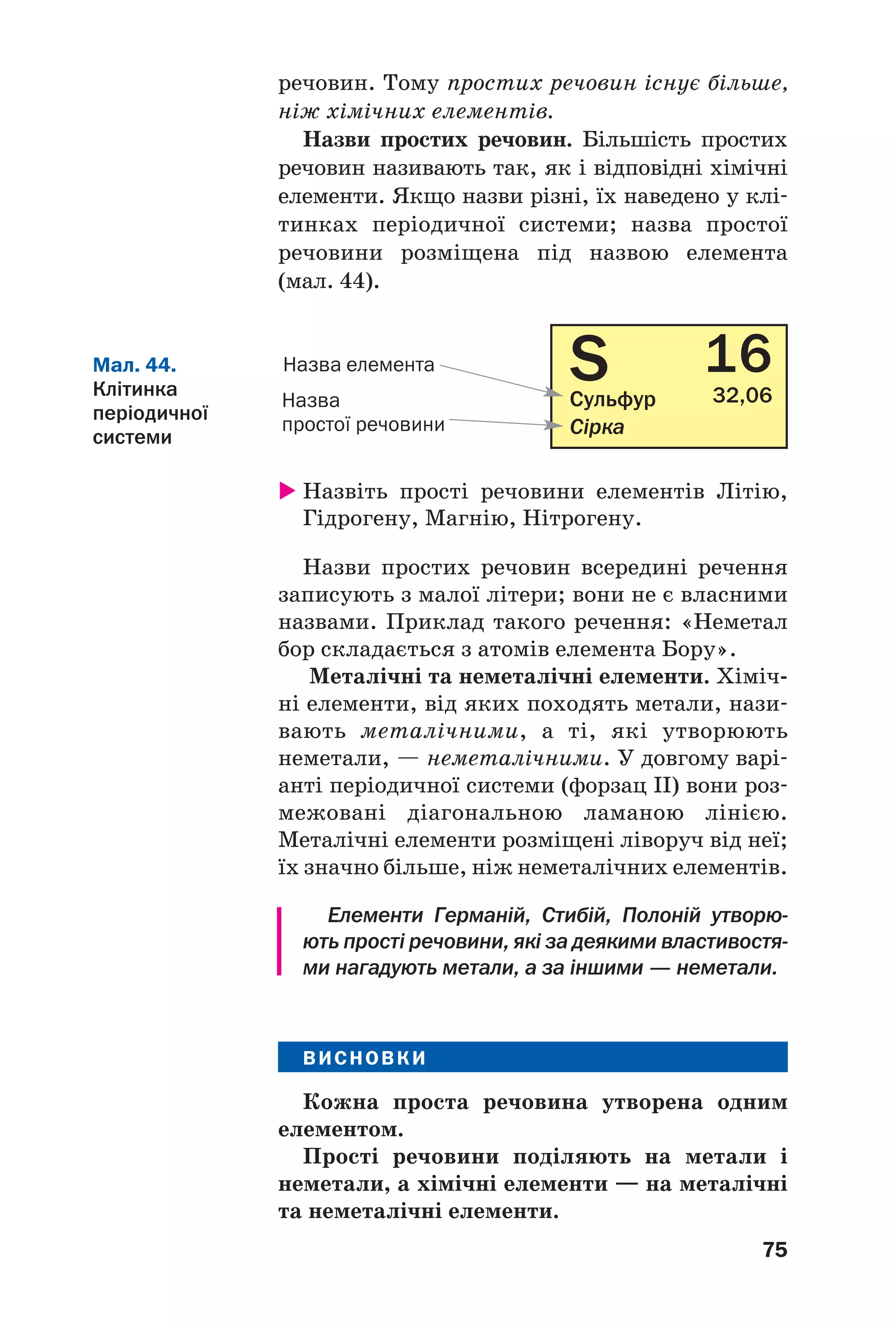 75
речовин. Тому простих речовин існує більше,
ніж хімічних елементів.
Назви простих речовин. Більшість простих
речовин називають так, як і відповідні хімічні
елементи. Якщо назви різні, їх наведено у клі
тинках періодичної системи; назва простої
речовини розміщена під назвою елемента
(мал. 44).
Мал. 44.
Клітинка
періодичної
системи
Назвіть прості речовини елементів Літію,
Гідрогену, Магнію, Нітрогену.
Назви простих речовин всередині речення
записують з малої літери; вони не є власними
назвами. Приклад такого речення: «Неметал
бор складається з атомів елемента Бору».
Металічні та неметалічні елементи. Хіміч
ні елементи, від яких походять метали, нази
вають металічними, а ті, які утворюють
неметали, — неметалічними. У довгому варі
анті періодичної системи (форзац ІІ) вони роз
межовані діагональною ламаною лінією.
Металічні елементи розміщені ліворуч від неї;
їх значно більше, ніж неметалічних елементів.
Елементи Германій, Стибій, Полоній утворю
ють прості речовини, які за деякими властивостя
ми нагадують метали, а за іншими — неметали.
ВИСНОВКИ
Кожна проста речовина утворена одним
елементом.
Прості речовини поділяють на метали і
неметали, а хімічні елементи — на металічні
та неметалічні елементи.
Назва елемента
Назва
простої речовини
SCульфур
Сірка
16
32,06
 