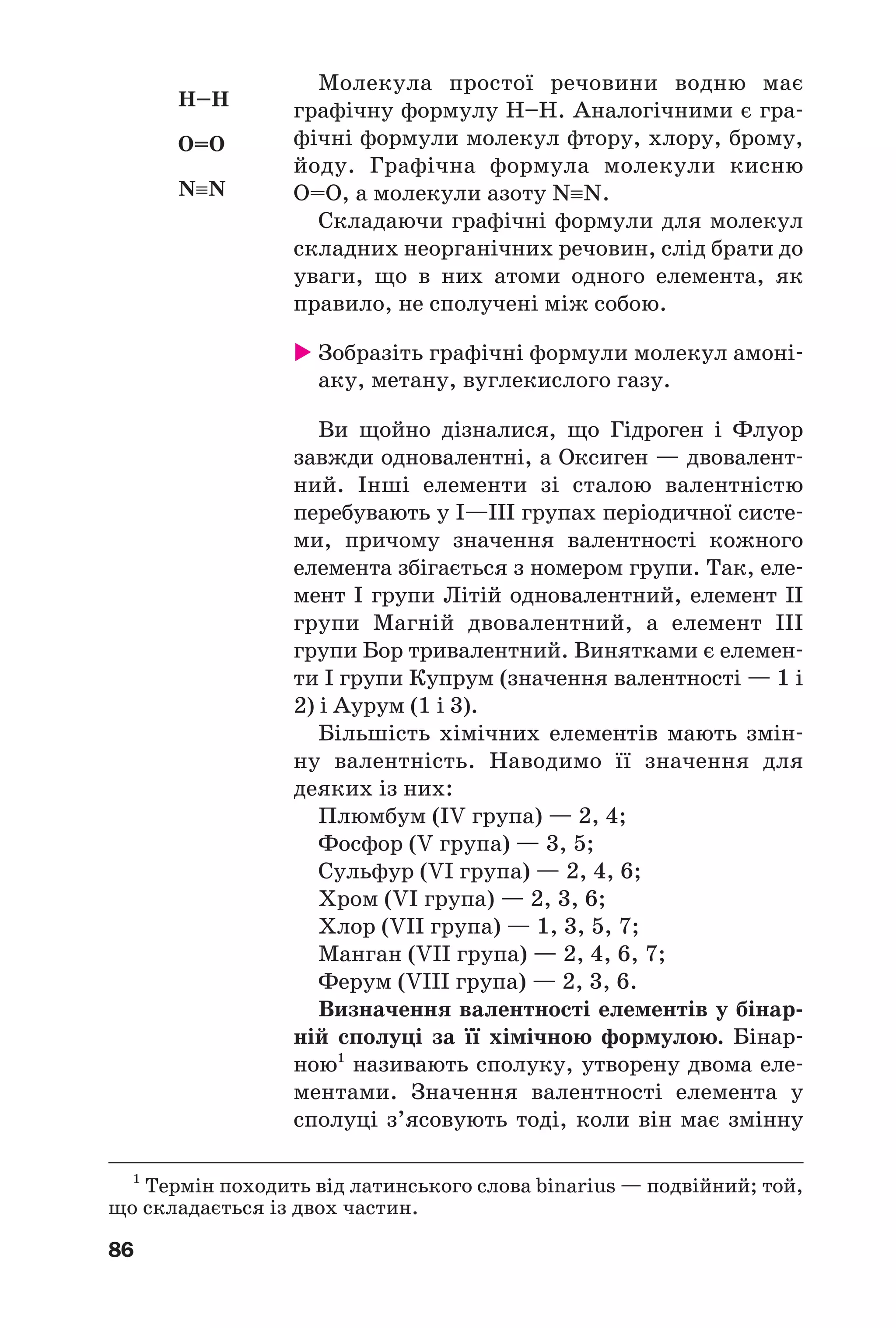 86
Молекула простої речовини водню має
графічну формулу Н–Н. Аналогічними є гра
фічні формули молекул фтору, хлору, брому,
йоду. Графічна формула молекули кисню
О=О, а молекули азоту N≡N.
Складаючи графічні формули для молекул
складних неорганічних речовин, слід брати до
уваги, що в них атоми одного елемента, як
правило, не сполучені між собою.
Зобразіть графічні формули молекул амоні
аку, метану, вуглекислого газу.
Ви щойно дізналися, що Гідроген і Флуор
завжди одновалентні, а Оксиген — двовалент
ний. Інші елементи зі сталою валентністю
перебувають у І—ІІІ групах періодичної систе
ми, причому значення валентності кожного
елемента збігається з номером групи. Так, еле
мент І групи Літій одновалентний, елемент ІІ
групи Магній двовалентний, а елемент ІІІ
групи Бор тривалентний. Винятками є елемен
ти І групи Купрум (значення валентності — 1 і
2) і Аурум (1 і 3).
Більшість хімічних елементів мають змін
ну валентність. Наводимо її значення для
деяких із них:
Плюмбум (IV група) — 2, 4;
Фосфор (V група) — 3, 5;
Сульфур (VI група) — 2, 4, 6;
Хром (VI група) — 2, 3, 6;
Хлор (VII група) — 1, 3, 5, 7;
Манган (VII група) — 2, 4, 6, 7;
Ферум (VIIІ група) — 2, 3, 6.
Визначення валентності елементів у бінар
ній сполуці за її хімічною формулою. Бінар
ною1
називають сполуку, утворену двома еле
ментами. Значення валентності елемента у
сполуці з’ясовують тоді, коли він має змінну
1
Термін походить від латинського слова binarius — подвійний; той,
що складається із двох частин.
H–H
O=O
N≡N
 