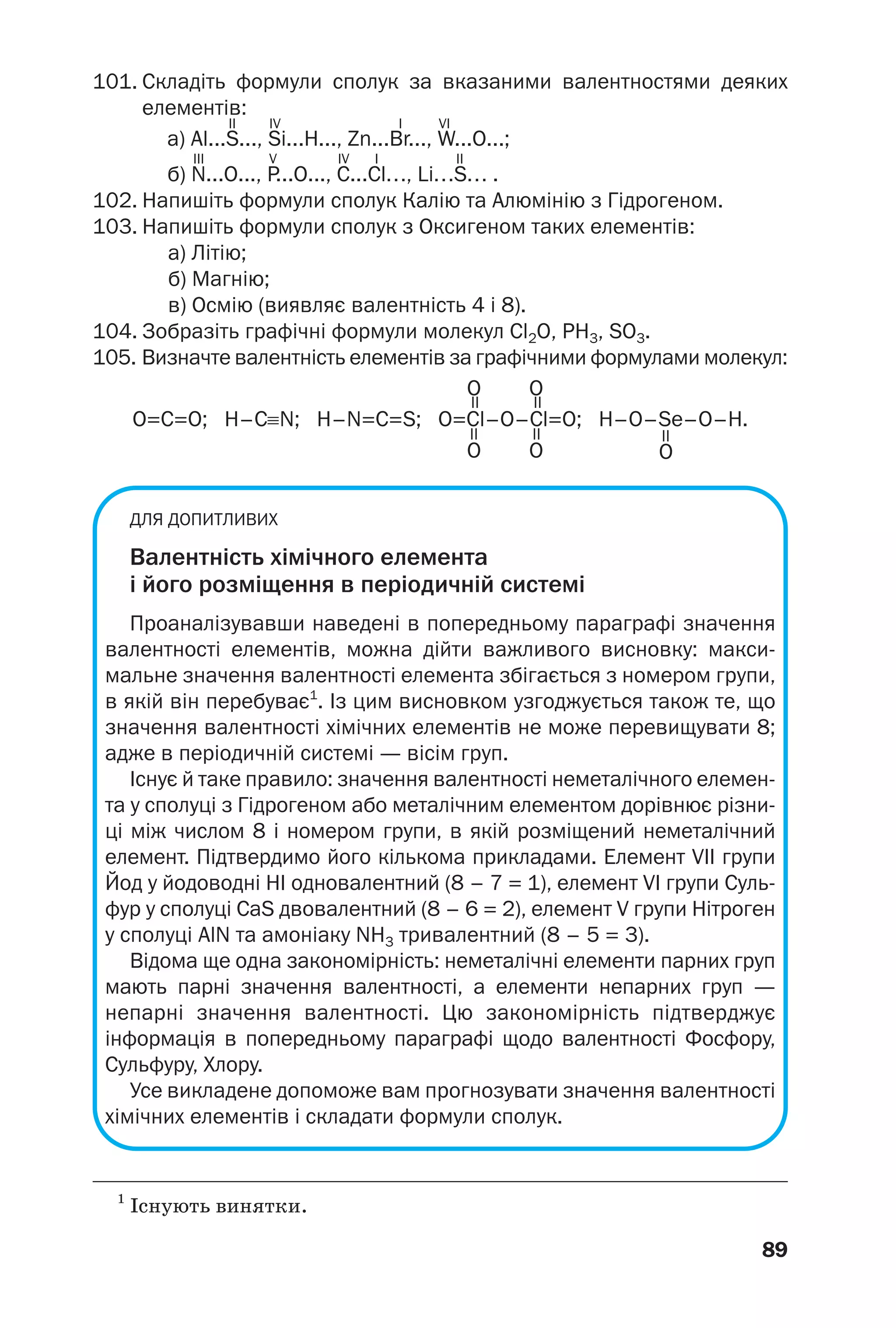 89
101. Складіть формули сполук за вказаними валентностями деяких
елементів:
II IV I VI
а) Al...S..., Si...H..., Zn...Br..., W...O...;
III V IV I II
б) N...O..., P...O..., C...Cl…, Li…S… .
102. Напишіть формули сполук Калію та Алюмінію з Гідрогеном.
103. Напишіть формули сполук з Оксигеном таких елементів:
а) Літію;
б) Магнію;
в) Осмію (виявляє валентність 4 і 8).
104. Зобразіть графічні формули молекул Cl2O, PH3, SO3.
105. Визначте валентність елементів за графічними формулами молекул:
O=C=O; H–C≡N; H–N=C=S; O=Cl–O–Cl=O; H–O–Se–O–H.
O O
O O O
=
=
=
=
=
ДЛЯ ДОПИТЛИВИХ
Валентність хімічного елемента
і його розміщення в періодичній системі
Проаналізувавши наведені в попередньому параграфі значення
валентності елементів, можна дійти важливого висновку: макси
мальне значення валентності елемента збігається з номером групи,
в якій він перебуває1
. Із цим висновком узгоджується також те, що
значення валентності хімічних елементів не може перевищувати 8;
адже в періодичній системі — вісім груп.
Існує й таке правило: значення валентності неметалічного елемен
та у сполуці з Гідрогеном або металічним елементом дорівнює різни
ці між числом 8 і номером групи, в якій розміщений неметалічний
елемент. Підтвердимо його кількома прикладами. Елемент VII групи
Йод у йодоводні НІ одновалентний (8 – 7 = 1), елемент VI групи Суль
фур у сполуці CaS двовалентний (8 – 6 = 2), елемент V групи Нітроген
у сполуці AlN та амоніаку NH3 тривалентний (8 – 5 = 3).
Відома ще одна закономірність: неметалічні елементи парних груп
мають парні значення валентності, а елементи непарних груп —
непарні значення валентності. Цю закономірність підтверджує
інформація в попередньому параграфі щодо валентності Фосфору,
Сульфуру, Хлору.
Усе викладене допоможе вам прогнозувати значення валентності
хімічних елементів і складати формули сполук.
1
Існують винятки.
 