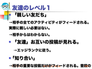 友達のレベル１
   「親しい友だち」
→相手の全てのアクティビティがフィードされる。
実際に親しい必要はない。
→相手からはわからない。
   「友達」お互いの投稿が見れる。
 →エッジランクに従う。
   ｢知り合い」
→相手の重要な投稿だけがフィードされる。普段の
 2012/7/11 高度情報化と社会生活 101
 