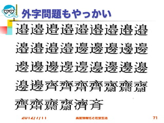 外字問題もやっかい




2012/7/11   高度情報化と社会生活   71
 