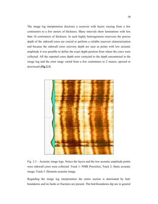 18
The image log interpretation discloses a reservoir with layers varying from a few
centimeters to a few meters of thickness. Many intervals show laminations with less
than 10 centimeters of thickness. In such highly heterogeneous reservoirs the precise
depth of the sidewall cores are crucial to perform a reliable reservoir characterization
and because the sidewall cores recovery depth are seen as points with low acoustic
amplitude it was possible to define the exact depth position from where the cores were
collected. All the reported cores depth were corrected to the depth encountered in the
image log and the error range varied from a few centimeters to 2 meters, upward or
downward (Fig 2.3).
Fig. 2.3 – Acoustic image logs. Notice the layers and the low acoustic amplitude points
were sidewall cores were collected. Track 1: NMR Porosities; Track 2: Static acoustic
image; Track 3: Dynamic acoustic image.
Regarding the image log interpretation the entire section is dominated by bed-
boundaries and no faults or fractures are present. The bed-boundaries dip are in general
 