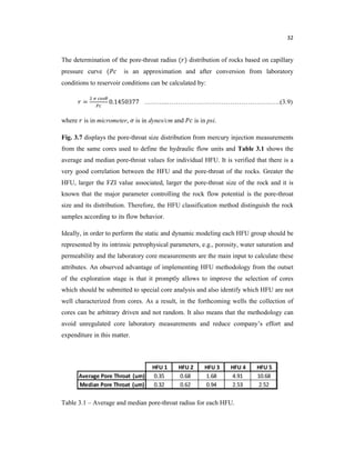 32
The determination of the pore-throat radius ( ) distribution of rocks based on capillary
pressure curve ( is an approximation and after conversion from laboratory
conditions to reservoir conditions can be calculated by:
= 0.1450377 ………..…………………………………………….(3.9)
where is in micrometer, is in dynes/cm and is in psi.
Fig. 3.7 displays the pore-throat size distribution from mercury injection measurements
from the same cores used to define the hydraulic flow units and Table 3.1 shows the
average and median pore-throat values for individual HFU. It is verified that there is a
very good correlation between the HFU and the pore-throat of the rocks. Greater the
HFU, larger the FZI value associated, larger the pore-throat size of the rock and it is
known that the major parameter controlling the rock flow potential is the pore-throat
size and its distribution. Therefore, the HFU classification method distinguish the rock
samples according to its flow behavior.
Ideally, in order to perform the static and dynamic modeling each HFU group should be
represented by its intrinsic petrophysical parameters, e.g., porosity, water saturation and
permeability and the laboratory core measurements are the main input to calculate these
attributes. An observed advantage of implementing HFU methodology from the outset
of the exploration stage is that it promptly allows to improve the selection of cores
which should be submitted to special core analysis and also identify which HFU are not
well characterized from cores. As a result, in the forthcoming wells the collection of
cores can be arbitrary driven and not random. It also means that the methodology can
avoid unregulated core laboratory measurements and reduce company’s effort and
expenditure in this matter.
Table 3.1 – Average and median pore-throat radius for each HFU.
 