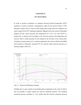 51
CHAPTER VI
PVT MATCHING
In order to perform simulations an adequate Pressure-Volume-Temperature (PVT)
matching is crucial to describe a mathematical model for the reservoir fluid. A PVT
laboratory analysis from a reservoir fluid sample taken under reservoir conditions was
used as input for the PVT matching assignment. Fig. 6.1 shows the reservoir fluid phase
diagram and the critical pressure and temperature are 175.11 bar and 564.19o C,
respectively. It portrays that according to the reservoir pressure and temperature the
reservoir fluid is under-saturated oil and situated to the left-side of the critical point.
Assuming a pressure drop over a constant temperature the reservoir fluid reach bubble
point pressure at laboratory measured 397 bar and the initial reservoir pressure at a
reference depth is 620.5 bar.
Fig. 6.1 – Reservoir fluid phase-envelope.
Probably due to some content of non-hydrocarbon components in the reservoir fluid it
was not possible to match exactly the reservoir saturation pressure. The matching
saturation pressure calculated is 7 bar smaller than the reservoir saturation pressure
 