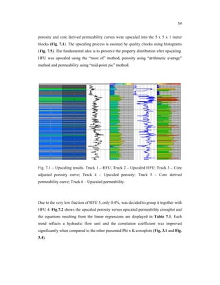 54
porosity and core derived permeability curves were upscaled into the 5 x 5 x 1 meter
blocks (Fig. 7.1). The upscaling process is assisted by quality checks using histograms
(Fig. 7.5). The fundamental idea is to preserve the property distribution after upscaling.
HFU was upscaled using the “most of” method, porosity using “arithmetic average”
method and permeability using “mid-point pic” method.
Fig. 7.1 – Upscaling results. Track 1 – HFU; Track 2 – Upscaled HFU; Track 3 – Core
adjusted porosity curve; Track 4 – Upscaled porosity; Track 5 – Core derived
permeability curve; Track 6 – Upscaled permeability.
Due to the very low fraction of HFU 5, only 0.4%, was decided to group it together with
HFU 4. Fig.7.2 shows the upscaled porosity versus upscaled permeability crossplot and
the equations resulting from the linear regressions are displayed in Table 7.1. Each
trend reflects a hydraulic flow unit and the correlation coefficient was improved
significantly when compared to the other presented Phi x K crossplots (Fig. 3.1 and Fig.
3.4).
 