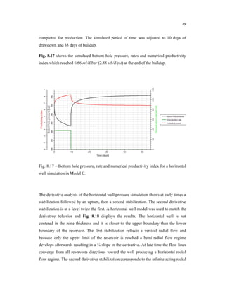 79
completed for production. The simulated period of time was adjusted to 10 days of
drawdown and 35 days of buildup.
Fig. 8.17 shows the simulated bottom hole pressure, rates and numerical productivity
index which reached 6.66 m3/d/bar (2.88 stb/d/psi) at the end of the buildup.
Fig. 8.17 – Bottom hole pressure, rate and numerical productivity index for a horizontal
well simulation in Model C.
The derivative analysis of the horizontal well pressure simulation shows at early times a
stabilization followed by an upturn, then a second stabilization. The second derivative
stabilization is at a level twice the first. A horizontal well model was used to match the
derivative behavior and Fig. 8.18 displays the results. The horizontal well is not
centered in the zone thickness and it is closer to the upper boundary than the lower
boundary of the reservoir. The first stabilization reflects a vertical radial flow and
because only the upper limit of the reservoir is reached a hemi-radial flow regime
develops afterwards resulting in a ¼ slope in the derivative. At late time the flow lines
converge from all reservoirs directions toward the well producing a horizontal radial
flow regime. The second derivative stabilization corresponds to the infinite acting radial
 