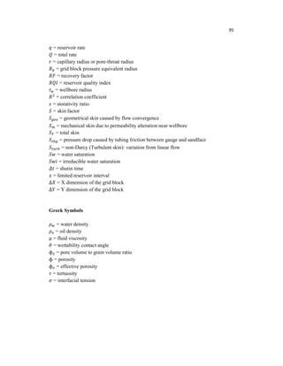 95
= reservoir rate
= total rate
= capillary radius or pore-throat radius
= grid block pressure equivalent radius
= recovery factor
= reservoir quality index
= wellbore radius
= correlation coefficient
= storativity ratio
= skin factor
= geometrical skin caused by flow convergence
= mechanical skin due to permeability alteration near wellbore
= total skin
= pressure drop caused by tubing friction between gauge and sandface
= non-Darcy (Turbulent skin): variation from linear flow
= water saturation
= irreducible water saturation
= shutin time
= limited reservoir interval
∆ = X dimension of the grid block
∆ = Y dimension of the grid block
Greek Symbols
= water density
= oil density
μ = fluid viscosity
= wettability contact angle
ɸ = pore volume to grain volume ratio
ɸ = porosity
ɸ = effective porosity
= tortuosity
= interfacial tension
 